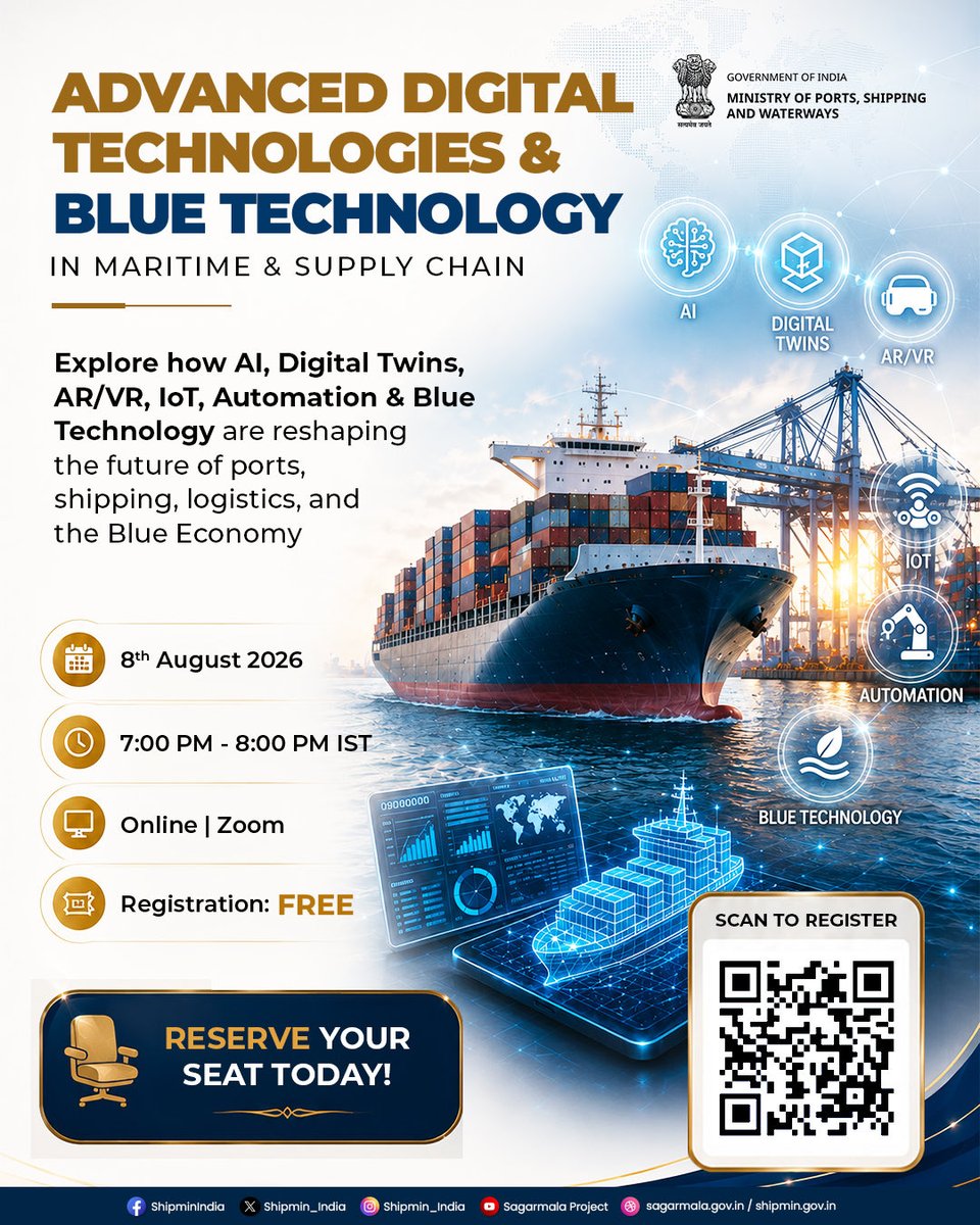 shipmin_india's tweet photo. Join the FREE Webinar on Advanced Digital Technologies & Blue Technology in Maritime and Supply Chain, organized by NTCPWC, IIT Madras under MoPSW and explore how emerging technologies such as Artificial Intelligence, Digital Twins, AR/VR, IoT, Automation, and Blue Technology are revolutionizing ports, shipping, logistics, and the Blue Economy.

📅 8 August 2026
🕖 7:00 PM – 8:00 PM IST
💻 Online | Zoom
🎟️ Registration: FREE

🔗 Register now: https://t.co/dFnRz1FRQ9

@Ntcpwc_offcl
#MaritimeInnovation #BlueTechnology #DigitalTransformation #MaritimeIndustry #SupplyChain #AI #DigitalTwins #IoT #BlueEconomy #Shipping #Ports #MaritimeEducation