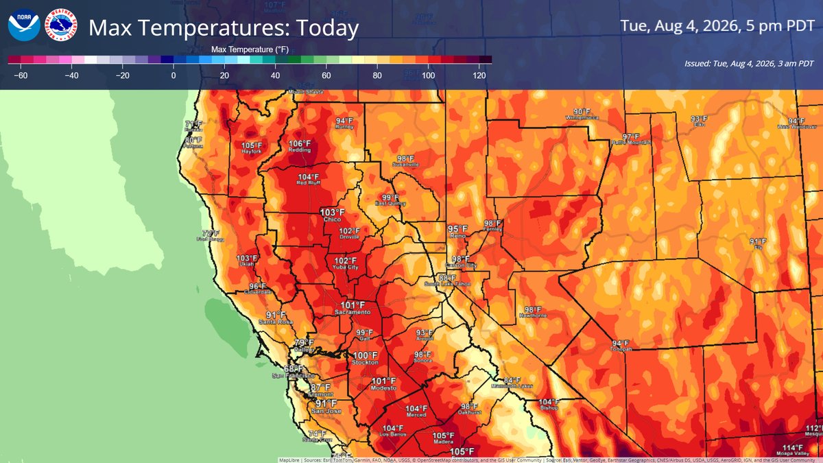 NWSSacramento's tweet photo. Widespread Moderate HeatRisk continues today and through the week, with triple digit temperatures. If headed outside, make sure to stay hydrated and limit time outdoors. https://t.co/CN4ep1gDfu