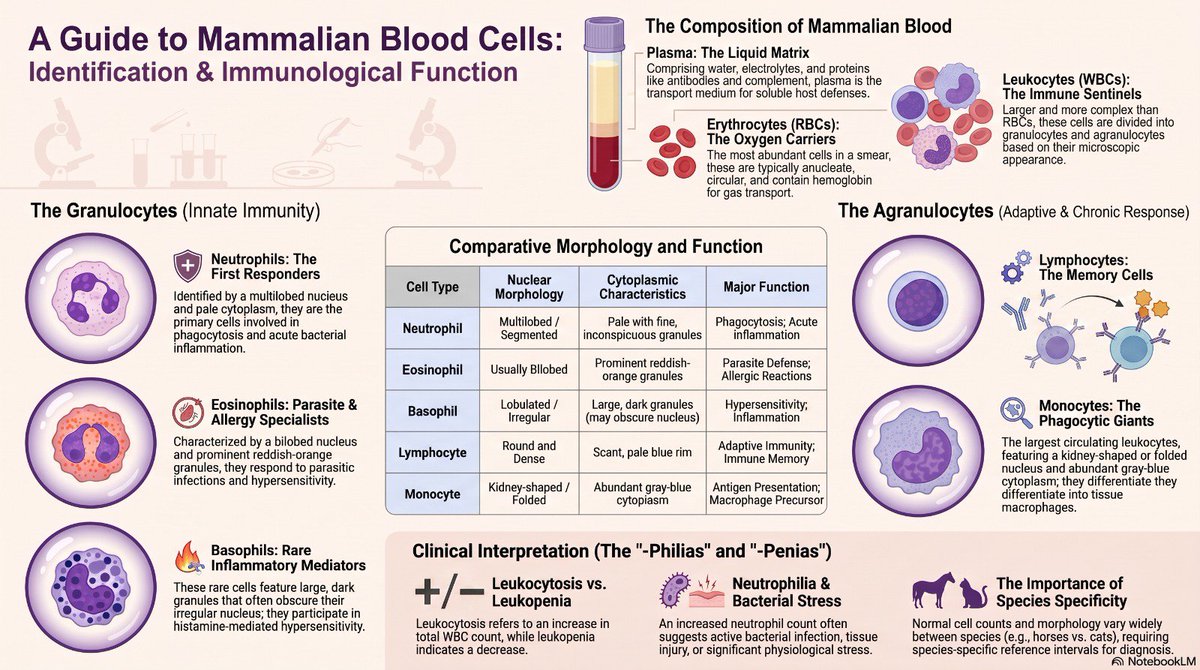 drmmks's tweet photo. 🩸 Blood cells reveal the body's immune status. This infographic covers RBCs, WBCs, granulocytes, agranulocytes, and their roles in veterinary diagnosis. 🔬 Accurate blood cell identification = better clinical decisions. #VeterinaryHematology #VetMed #SciWhizMicrobiology https://t.co/EKXWXQx0dj