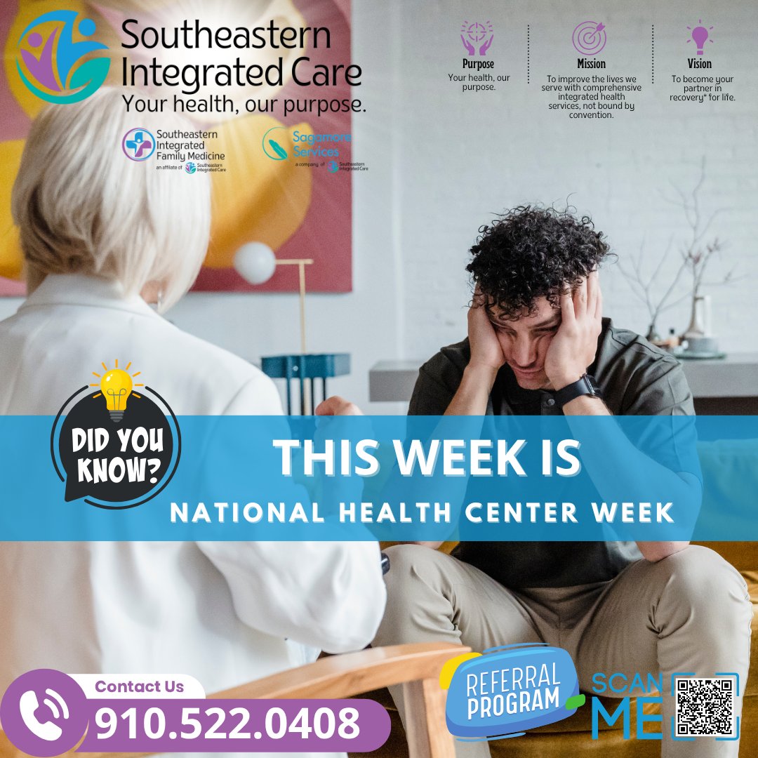 SEintegrated's tweet photo. Together, we can continue building healthier, stronger communities—one patient at a time.

📞 Contact us: 910.522.0408

#NationalHealthCenterWeek #CommunityHealth #AccessibleCare #BehavioralHealth #MentalHealthMatters #WholePersonCare https://t.co/W541z0SKSC