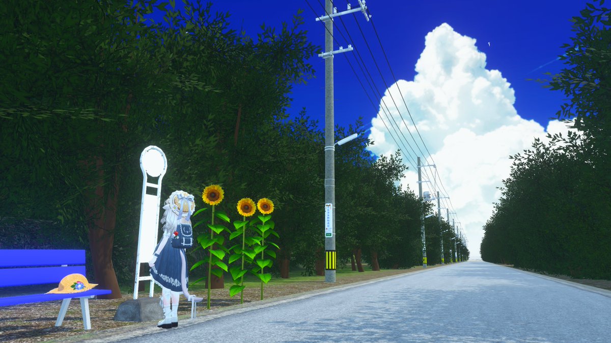 tetra_moon's tweet photo. ワールド再訪のコーナー

ワールド　海に至る道-Road to the sea
作者様　　Maple_K

駅から海まで歩いて行けるチルワールド
寄り道をしながら海を目指そう

最終更新は2025/11/12で不具合は無さそう
スポーン地点が駅のホームで、海まで旅をしてきた気分が味わえて好き
道中にある無人販売所や神社も、田舎らしい雰囲気が出てるので寄り道してみよう
大きな積乱雲を見上げながら、海に続く道を真っすぐ歩くのもロマンがあって良いよね
#VRChat_world紹介 #VRChat #テトラ再訪録