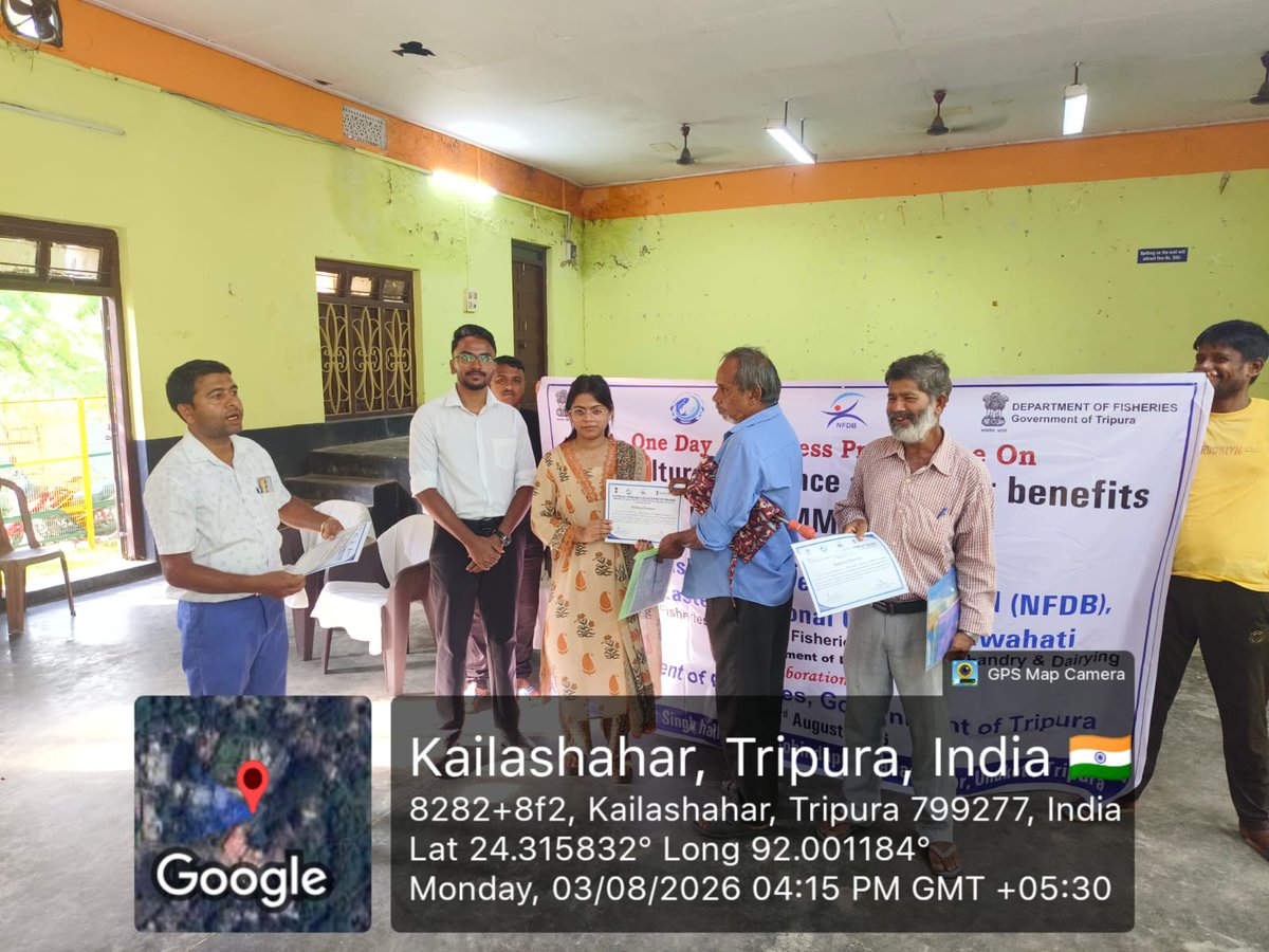 nfdb_india's tweet photo. 📍 NFDB–North East Regional Centre (NERC), Guwahati organized a One-Day Awareness Programme on "Aquaculture Insurance and Other Benefits under PMMKSSY" on 3 August 2026 at Bhagat Singh Hall, KMC, Gobindapur, Kailashahar, Unakoti District, Tripura, in collaboration with the Department of Fisheries, Kailashahar Subdivision, Tripura.

🔹 The programme was graced by:
* Smt. Sampa Das Pal, Chairperson, Chandipur Block
* Shri Ruman Uddin, President, Agri Standing Committee
* Dr. Apu Das, Superintendent of Fisheries
* Shri Pritam Das, FO, Kumarghat
* Smt. Moumita Goswami, Fisheries Officer, Kailashahar

💡 Key Highlights:
* Shri Sharath S. P., Executive Assistant, NFDB–NERC, delivered a technical session on PMMKSSY benefits and NFDP Registration.
* Shri Dipankar Das (AIC) explained aquaculture insurance coverage, risk management and claim procedures.
* Officials from the Department of Fisheries shared insights on scientific aquaculture practices with the participants.
* Over 50 fish farmers and stakeholders participated in the programme.

🌱 The programme strengthened awareness on aquaculture insurance and welfare benefits under PMMKSSY, promoting resilient and sustainable aquaculture development in the region.

#NFDB #PMMKSSY #Aquaculture #FishFarmers #Fisheries #AquacultureInsurance #Tripura #NorthEast #SustainableAquaculture #BlueEconomy
