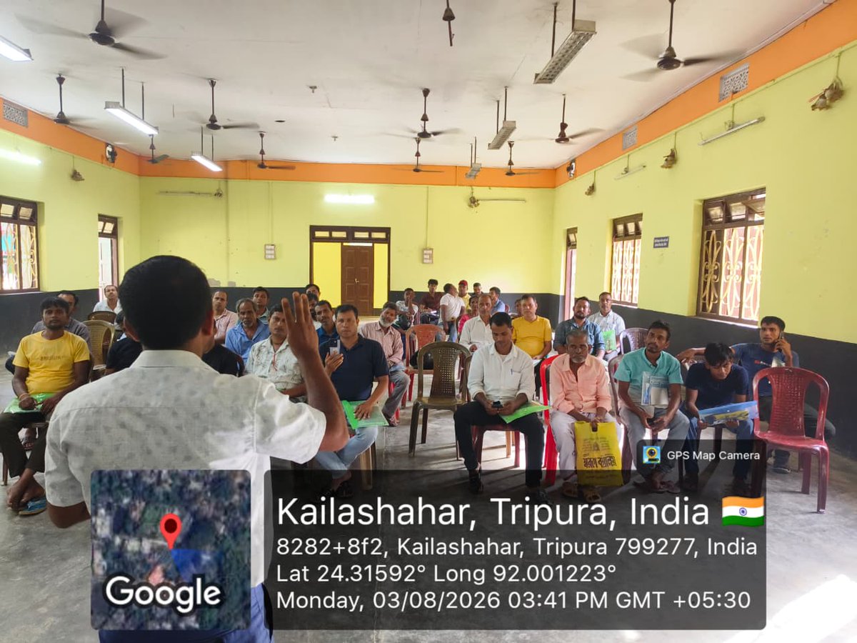 nfdb_india's tweet photo. 📍 NFDB–North East Regional Centre (NERC), Guwahati organized a One-Day Awareness Programme on "Aquaculture Insurance and Other Benefits under PMMKSSY" on 3 August 2026 at Bhagat Singh Hall, KMC, Gobindapur, Kailashahar, Unakoti District, Tripura, in collaboration with the Department of Fisheries, Kailashahar Subdivision, Tripura.

🔹 The programme was graced by:
* Smt. Sampa Das Pal, Chairperson, Chandipur Block
* Shri Ruman Uddin, President, Agri Standing Committee
* Dr. Apu Das, Superintendent of Fisheries
* Shri Pritam Das, FO, Kumarghat
* Smt. Moumita Goswami, Fisheries Officer, Kailashahar

💡 Key Highlights:
* Shri Sharath S. P., Executive Assistant, NFDB–NERC, delivered a technical session on PMMKSSY benefits and NFDP Registration.
* Shri Dipankar Das (AIC) explained aquaculture insurance coverage, risk management and claim procedures.
* Officials from the Department of Fisheries shared insights on scientific aquaculture practices with the participants.
* Over 50 fish farmers and stakeholders participated in the programme.

🌱 The programme strengthened awareness on aquaculture insurance and welfare benefits under PMMKSSY, promoting resilient and sustainable aquaculture development in the region.

#NFDB #PMMKSSY #Aquaculture #FishFarmers #Fisheries #AquacultureInsurance #Tripura #NorthEast #SustainableAquaculture #BlueEconomy