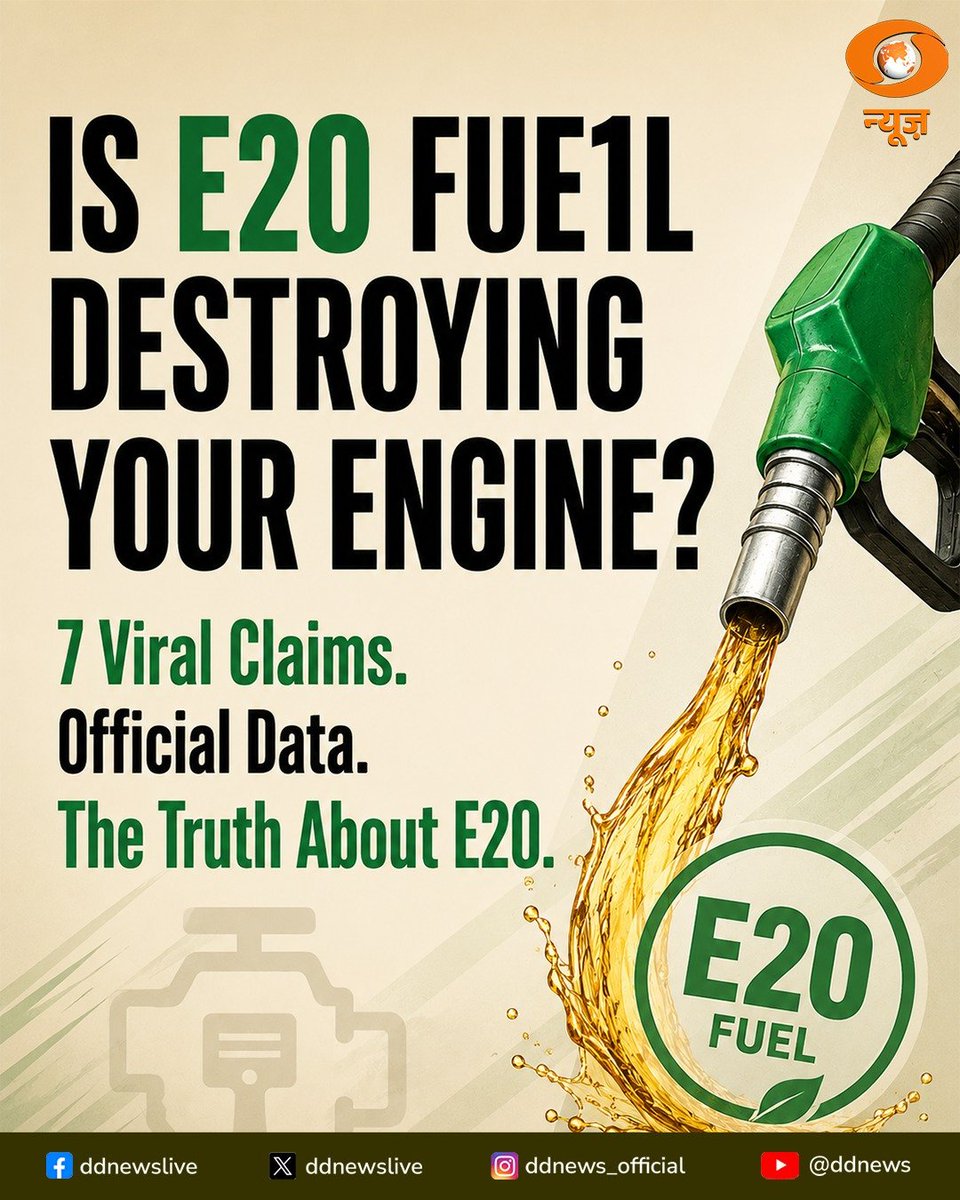DDNewslive's tweet photo. Is E20 Really Damaging Your Engine?

Official service data from India's leading automobile manufacturers challenges several viral claims surrounding E20 petrol. 

From older vehicles and fuel economy to corrosion, warranties and engine reliability, the evidence points to a gradual, extensively tested transition rather than widespread mechanical failures.

Here are viral myths versus the verified facts.

#FuelTheFacts #E20 #EthanolBlendingProgramme #EthanolBlending 

@PetroleumMin