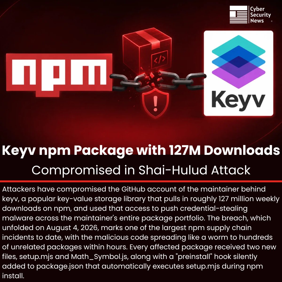 The_Cyber_News's tweet photo. 🚨 Breaking: Popular npm package with 127 MILLION weekly downloads just got hijacked — and it's spreading like a worm across npm right now.

Learn more: https://t.co/tcTFR18HZG

#cybersecuritynews https://t.co/n7BvvCRhk2