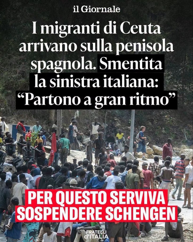 ninabecks1's tweet photo. Ecco…

Sarà Kelany

Per giorni la sinistra ha sostenuto che da Ceuta non ci fosse alcun rischio per Schengen.

Oggi, però, la stampa spagnola racconta altro: decine di migranti hanno già raggiunto la penisola iberica via mare e altri potrebbero seguirli.

I fatti dimostrano che la preoccupazione dell'Italia era fondata e che la sospensione temporanea di Schengen è stata una scelta necessaria per difendere i confini.
Evidentemente, solo l'opposizione non se n'era accorta.