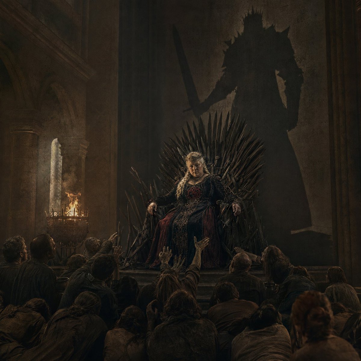 Samthrilzz's tweet photo. In the books, Rhaenyra was a heavily built, scarred, and deeply traumatized woman who the smallfolk cruelly mocked while calling her “Maegor with Teats.”

The moment she took the Iron Throne, her reign devolved into a campaign of blood, relentless extortion, and pure terror against her own people.

She turned the Red Keep into a slaughterhouse, executing anyone suspected of Green sympathies or treason without a trial, lining the city walls and gates with severed heads as a gruesome daily warning.

To pay for her war, she brought in Bartimos Celtigar to bleed the smallfolk dry, imposing soul-crushing taxes on basic food, trade, marriages, and even funerals. Anyone who couldn't pay was beaten, dragged from their home, or stripped of everything they owned by her Gold Cloaks.

Her cruelty reached a sadistic peak in the dungeons, where she ordered the horrific, prolonged torture of Lord Tyland Lannister, blinding, gelding, and mutilating him to force out the location of the stolen royal gold.

When public fury began to boil over, she turned King's Landing into an open-air prison by locking the city gates. She trapped thousands of starving citizens inside to rot while her knights used brutal force to crush any protests in the streets.

Driven completely mad by paranoia after the Tumbleton betrayals, she turned her bloody gaze onto her own inner circle, branding loyal dragonriders like Addam Velaryon as traitors and issuing a death order for the young dragonseed Nettles.

"Maegor with Teats" wasn't just a clever tavern insult, it was a title written in blood on the city walls, earned by a queen who chose to rule through sheer, unadulterated terror.