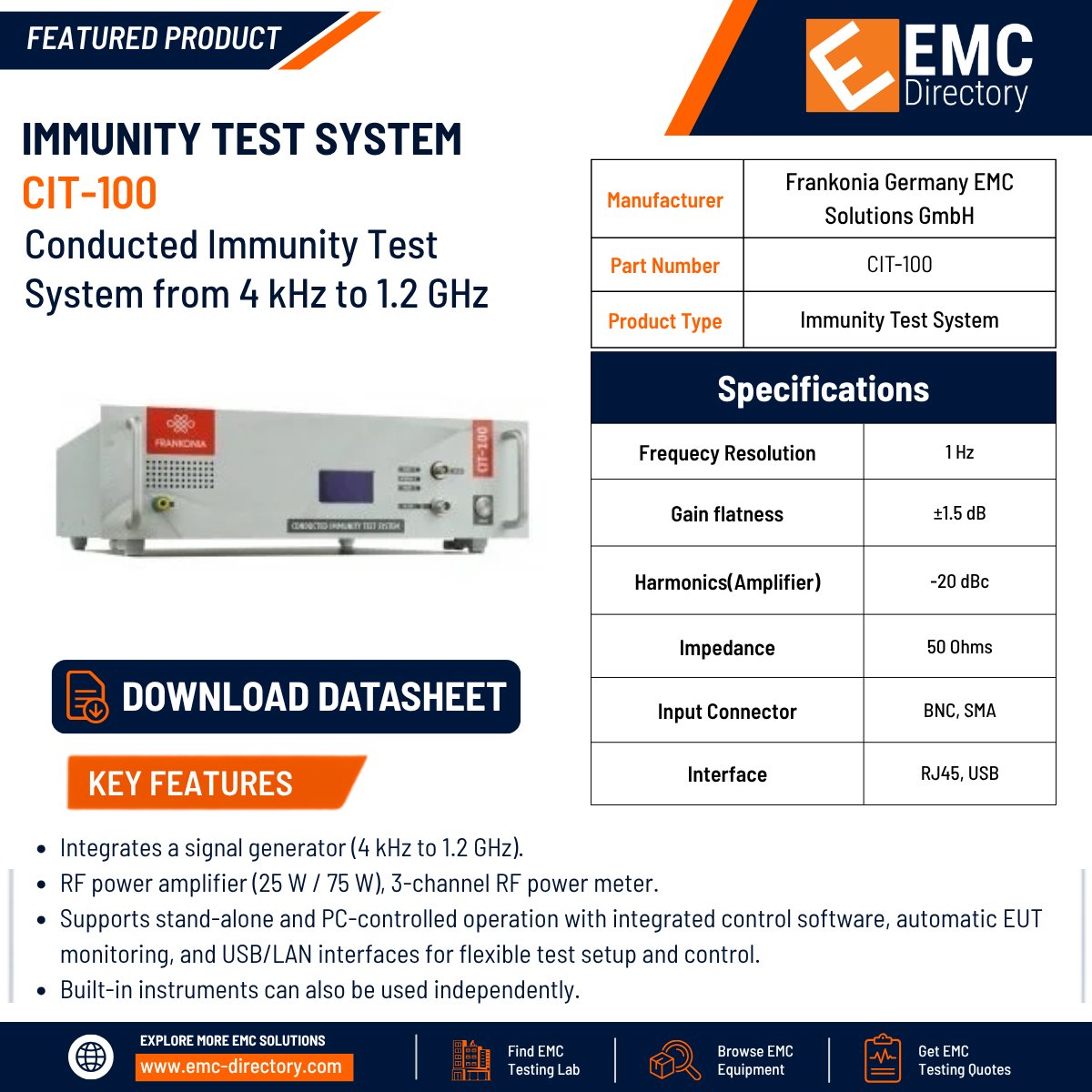 emcdirectory's tweet photo. The CIT-100 from Frankonia is a complete conducted RF immunity test system designed to support reliable EMC validation for commercial, automotive, and military applications.
Read more: https://t.co/x2uPGNKPSI
#EMC #ConductedImmunity #BCITesting #MILSTD461 #TestEquipment https://t.co/RyN1ytdN45