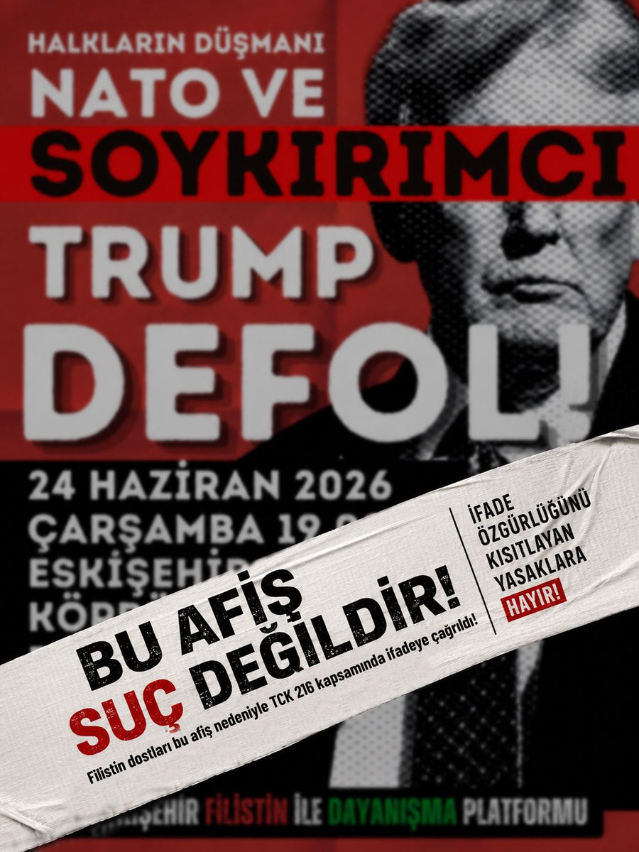 direniscadiri_'s tweet photo. SOYKIRIMCILARA SOYKIRIMCI DEMEK SUÇ DEĞİLDİR! 

Eskişehir'de Filistin ile dayanışma için meydanlarda olan dostlarımız hukuksuzluklarla susturulmak isteniyor. Aktivist dostumuz "Halkların Düşmanı NATO ve Soykırımcı Trump Defol" afişini paylaştığı ve barışçıl eylem çağrısı yaptığı için "Halkı Kin ve Dü��manlığa Tahrik veya Aşağılama (TCK 216)" kapsamında ifade vermeye çağrıldı. 

Bu hukuksuzluğu kabul etmiyoruz! Gazze'de yaşanan soykırımın bir numaralı ortağı ABD'dir. Netenyahu'nun dostu, İran'dan Filistin'e bölgemizdeki halkların katili Trump'tır! Bu açık gerçekleri dile getirmek ne suç ne de hakarettir!

Halkımıza sesleniyoruz: Hamasetle örtülenlerin gerisinde Gazze'nin katilleri var! Soykırımcılarla işbirliğini kesin, Filistin dostlarına uyguladığınız hukuksuzlukları derhal sona erdirin!