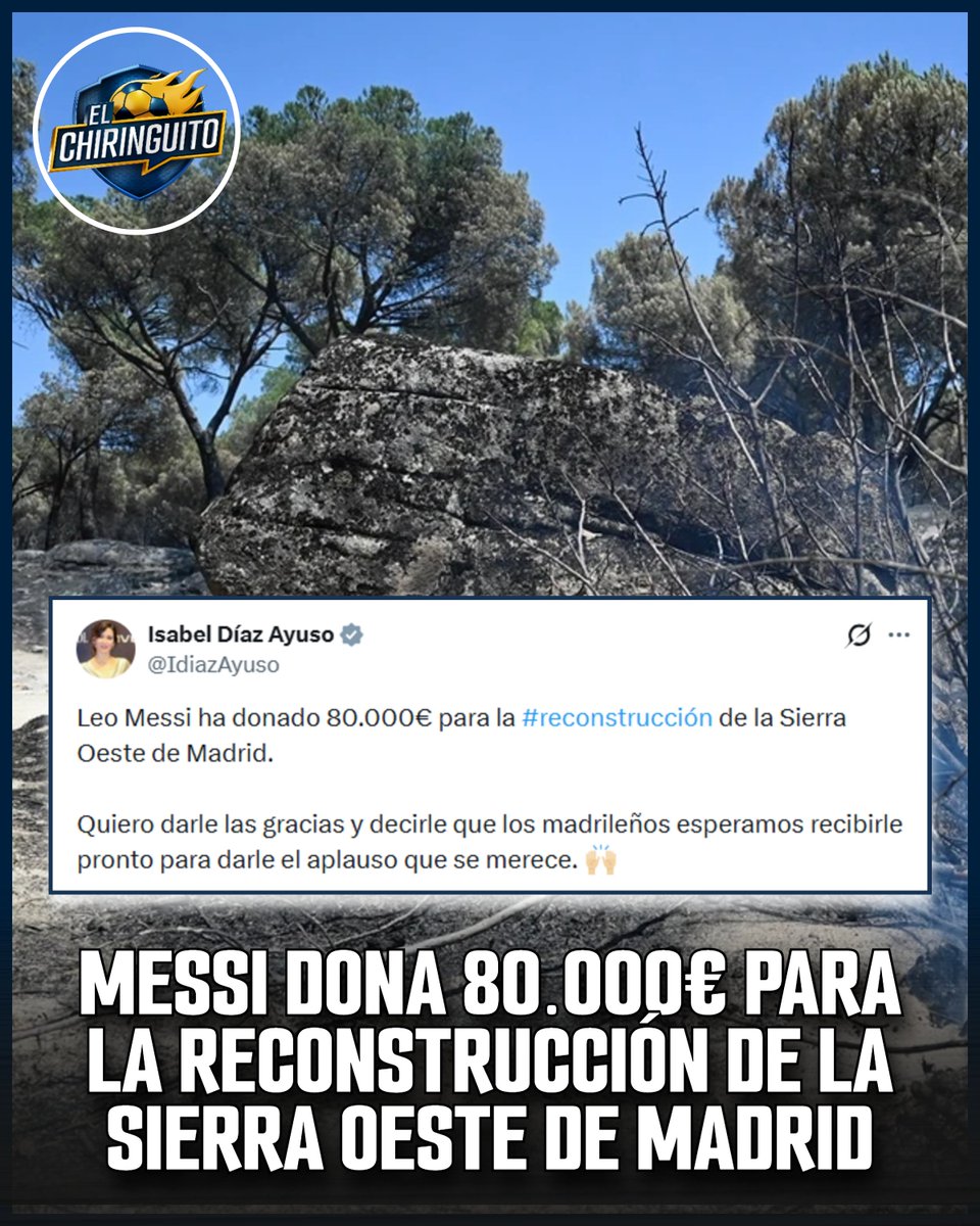 elchiringuitotv's tweet photo. 👏 BRAVO, LEO MESSI.

🇦🇷 El argentino ha donado 80.000€ para la reconstrucción de la sierra Oeste de Madrid.

🙏 Lo ha comunicado la presidenta de la Comunidad, Isabel Díaz Ayuso. https://t.co/44T1gIxP2J