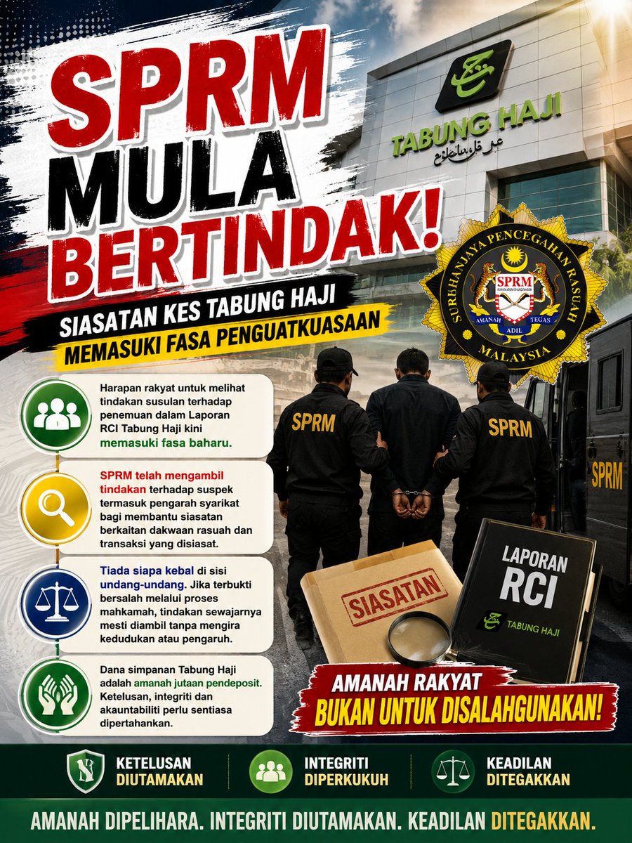 AliffAziz14270's tweet photo. Amanah jutaan pendeposit bukan untuk dipermainkan.

Tindakan SPRM terhadap individu yang disiasat berkaitan kes Tabung Haji menunjukkan bahawa setiap penemuan dalam Laporan RCI perlu disusuli dengan siasatan dan tindakan mengikut lunas undang-undang.

#TabungHaji #RCI #SPRM https://t.co/YNPDKBHDB6