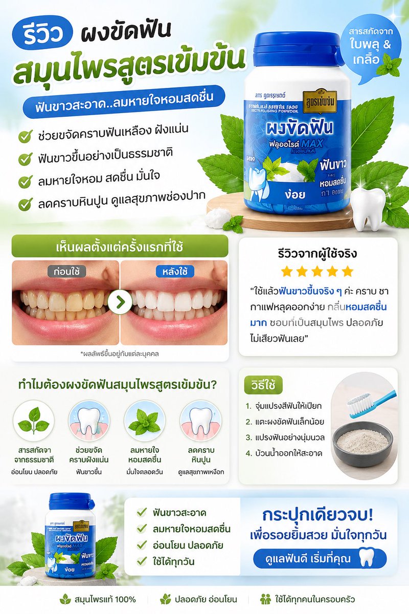 oncs1998's tweet photo. “ฟันเหลืองจากชา-กาแฟต้องลอง! ผงขัดฟันสมุนไพรสูตรข่อย ใช้แล้วฟันดูสะอาด คราบเก่าหลุดง่ายขึ้น”
“ลมหายใจหอมสดชื่น ใช้ง่าย แค่แตะผงนิดเดียวก่อนแปรง ฟันสะอาด มั่นใจทุกวัน!”

https://t.co/Q0ZVZew8ur https://t.co/jAb226PPf0