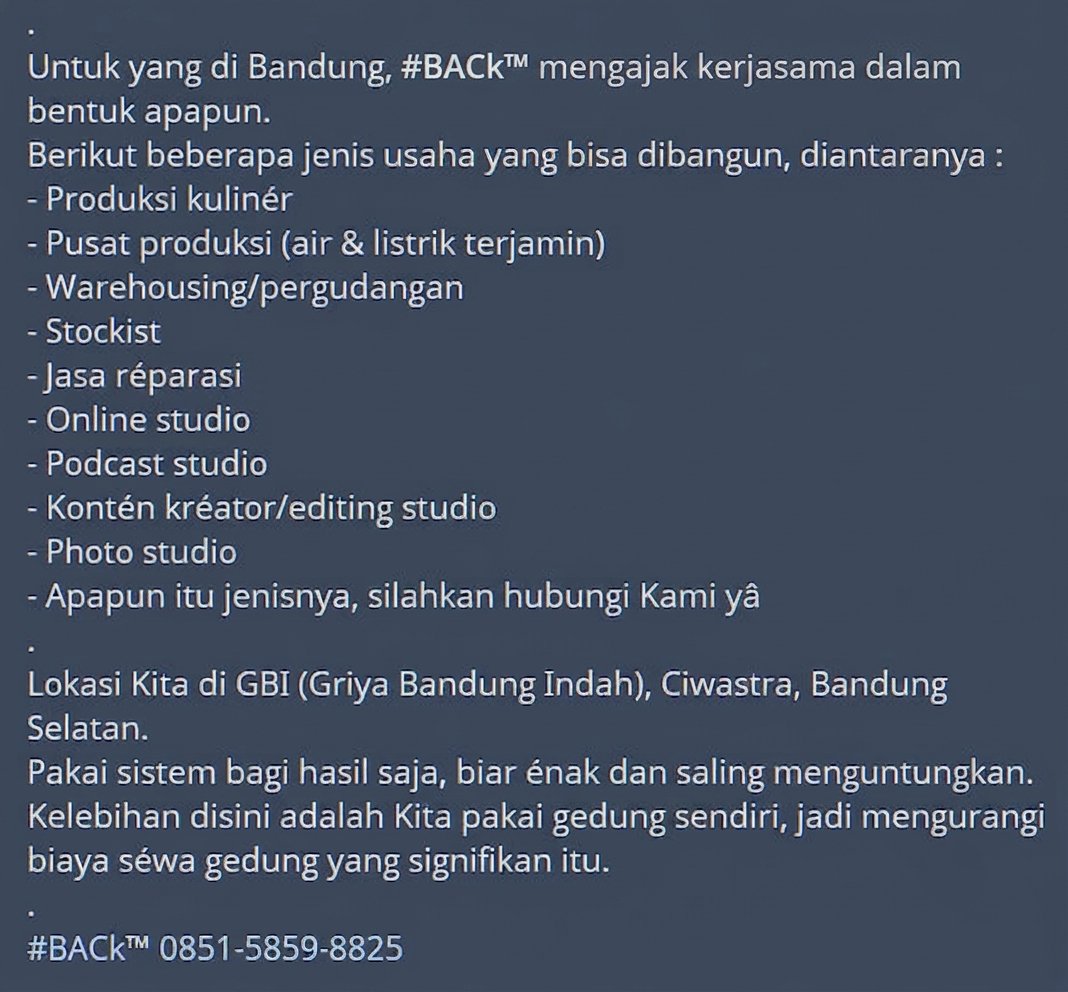 BoyzAndCamera's tweet photo. @bgkiting Untuk yang di Bandung &amp; bosan bekerja jadi babu oranglain.
#BACk™ mengajak usaha bareng dalam bentuk apapun, penjelasan ada di foto pertama.
.
Kalian tidak perlu baîyar séwa, karena Kami punya gedung sendiri.
Kita bagi hasil agar win-win solution.
.
#BACk™ 0851-5859-8825 https://t.co/SyThm1GZiA