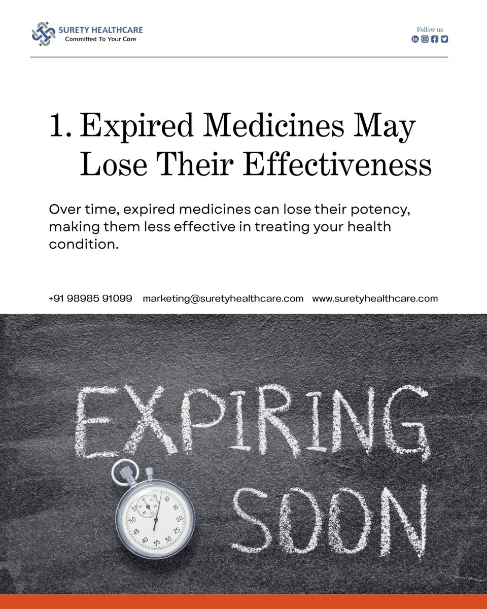 Surety_Healthc's tweet photo. ⚠️ Is it safe to take expired medicine?

The answer may surprise you.

From reduced effectiveness to potential health risks, this quick guide explains 5 reasons to avoid expired medicines.

📖 Swipe through.

#HealthyEats #SuretyHealthcare #Educación https://t.co/fzR0sb6Myq