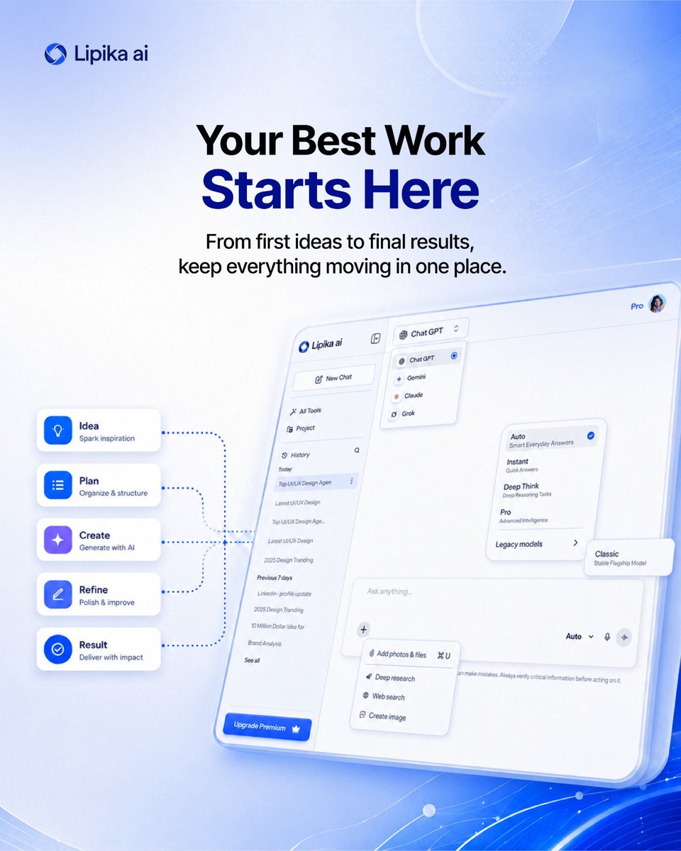 lipikaai's tweet photo. Your best work starts with the right workspace. Access chatgpt, gemini, claude &amp; grok in one place with a single login. Spend less time switching tools and more time creating. 🚀

Start free: https://t.co/A8EMRAMCGe

#LipikaAI #AIWorkspace #Productivity #AITools https://t.co/o8Jzum4hwo
