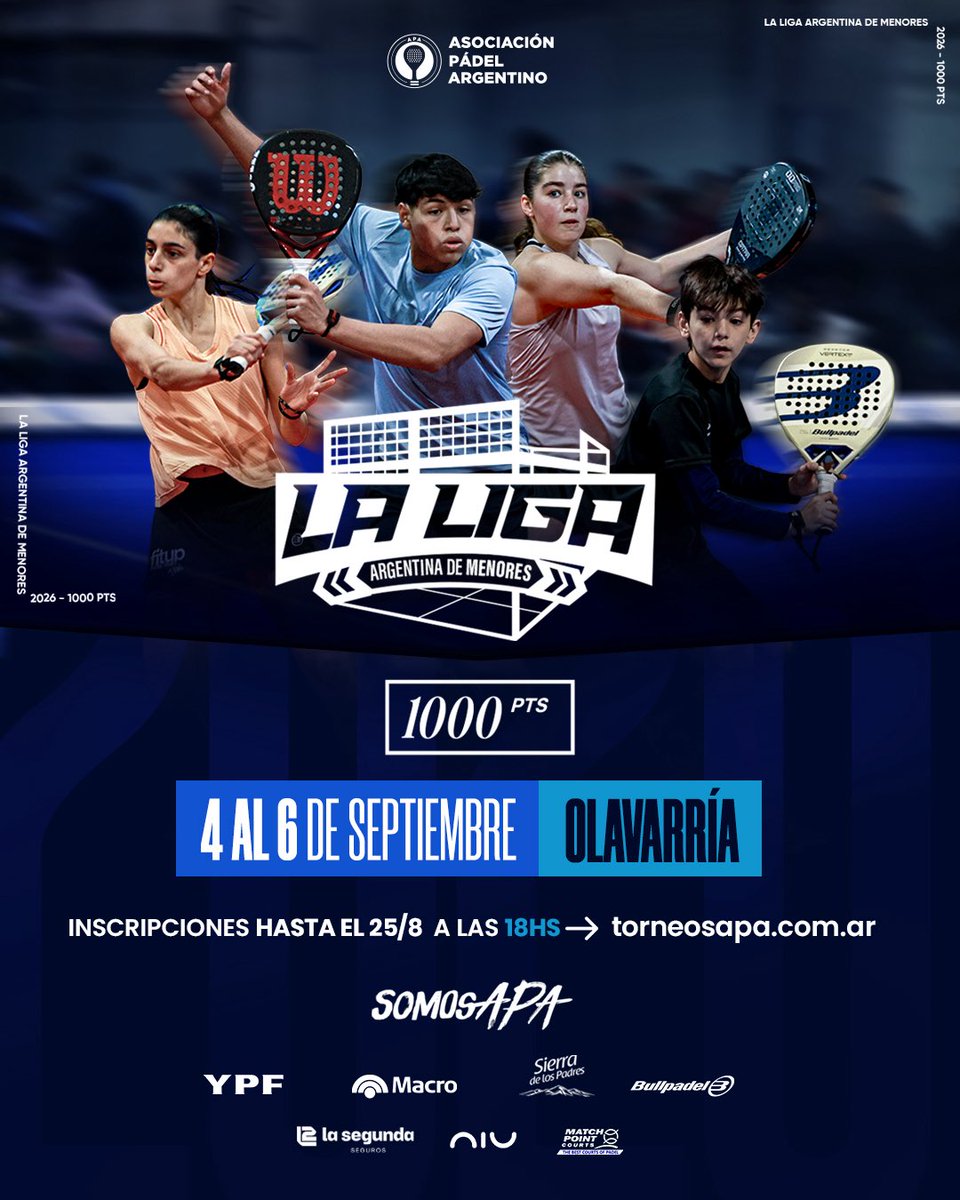 Padel_APA's tweet photo. La Liga de Menores no para y sigue su curso. Ya comenzamos a palpitar la 7.ª fecha, en Olavarría.
Tendrán tiempo para anotarse hasta el 25 de agosto en esta nueva cita del calendario, que otorgará 1.000 puntos y nos acerca cada vez más al cierre de la temporada 2026.
#SomosAPA https://t.co/a9xft1zK3s