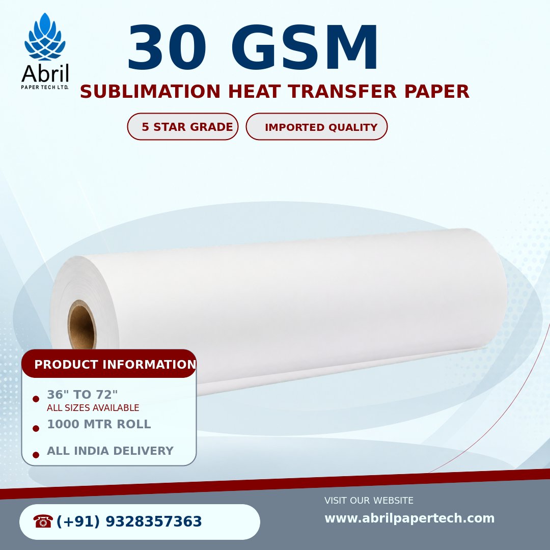 abrilpaper's tweet photo. ✅ SUBLIMATION HEAT TRANSFER PAPER ROLL 

 We are Importer and Supplier of Sublimation Heat Transfer Paper based on Surat - Gujarat.

 ▪️QUALITY WE SUPPLY ARE 
✅ 30 GSM (IMPORTED QUALITY)
✅ VIRGIN 5 STAR GRADE PAPER

▪️ Available Sizes 
 ✅ 36"(inch) TO 63"(inch)

▪️ Width
✅ 1000 MTR cutting roll

✅ To check paper quality We send free sample roll 

☎️ +91-9328357363
🌐 https://t.co/3MyVPodiwv
✉️ sales@abrilpapertech.com

Looking forward to business with you.
🏬 Abril Paper Tech Limited 
📍Surat - Gujarat.

#sublimationpaperroll
#dyesublimationpaperroll 
#heattransferpaperroll 
#sublimationheattransferpaper 
#30gsmsublimationpaper