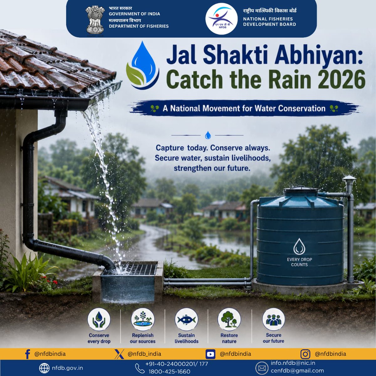 nfdb_india's tweet photo. Every rooftop can become a source of water security when every drop of rain is captured instead of allowed to flow away.

Rainwater harvesting is a simple yet powerful step towards replenishing groundwater, strengthening water resources, and building resilient communities. As the monsoon nourishes our land, let us ensure that every drop is conserved for the days ahead.

Join the movement under Jal Shakti Abhiyan: Catch the Rain 2026 and make rainwater harvesting a part of every home, every village, and every community.

#CatchTheRain2026 #JalShaktiAbhiyan #RainwaterHarvesting #WaterConservation #EveryDropMatters #WaterSecurity #SaveWater #JanBhagidari #ClimateResilience #SustainableFuture #NFDB #DepartmentOfFisheries
