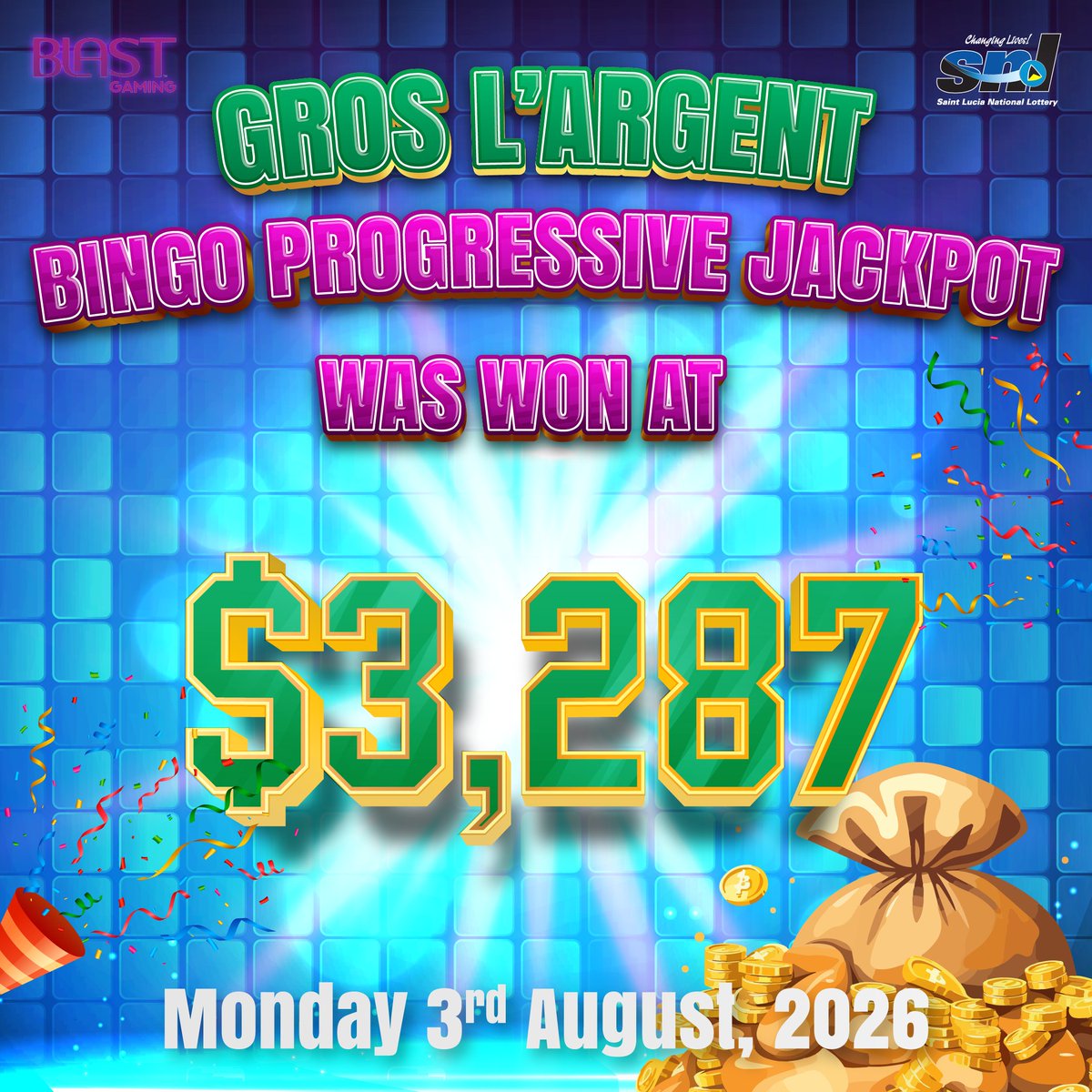 StluciaLottery's tweet photo. The Gros L’argent Bingo Progressive Jackpot was won at $3,287📷
Must be 18+ to enter!
Know your limit, play within it.
#stlucia #BLASTGamingCentre #VirtualGaming
#VLTMachines #BLAST #TryYourLuck #PushAndWin
#7luckylines https://t.co/XUWH6KPvM7