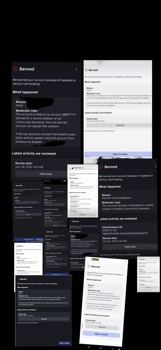 tiffikan's tweet photo. ⚠️Be careful⚠️ Roblox community
@Roblox continues to actively ban everyone, and literally anyone can be banned for no reason. This has already happened to a million players between Jul 29 - Aug 4

🙏🚨Help  reach @roblox out by reposting and liking this post. We must fix this terrible AI moderation issue🙏🚨

📝🟢New Daily Note about bans🟢📝
The situation with daily ban waves continues and shows no signs of slowing down. Unfortunately, my previous post about the Enforcement Bans issue went unnoticed by the Roblox staff. Therefore, I will be posting daily updates about these false bans until the issue is fixed.

🔴⚠️The platform is still experiencing an extremely unfavorable situation due to a serious AI moderation glitch, which can accidentally ban a user for ALLEGEDLY CONNECTING WITH AN ALT ACCOUNT that the mistakenly banned user never owned. This failure is caused by an incorrectly configured AI system⚠️🔴

‼️The main problem is that these decisions are made by a robot that can't filter anything. Also, when these bans are triggered by a system failure, the system simply doesn't have time to understand what happened to the user and doesn't provide the appeal window provided by the platform's rules for this type of ban. However, if it's triggered incorrectly, the system doesn't understand what happened and doesn't even provide the appeal window on the Violations & Appeals page. When you contact Roblox support through the support window, moderators will redirect you to a non-existent window and refuse to acknowledge its absence due to an error. Therefore, the only option left for ban victims like me and millions of others is to go to Twitter to get their colleagues' attention to resolve the issue or to go to court‼️

🫡 My main goal is to finally reach the top brass of the corporation responsible for the servers and moderation so they can root out the problem at its root 🫡

⬇️Everything I write below will touch on what theoretically causes these erroneous bans. This text is dedicated directly to the @roblox staff. If you know or are in contact with anyone who can contact the @roblox team, please forward my post to them, and we must fix this issue immediately⬇️

⬇️🙏Request to the @Roblox staff🙏⬇️
PLEASE pay attention to false bans in which a player is mistakenly associated with another account, and the player cannot even appeal this decision!!!
The problem itself began much earlier, even before this ban wave, in October 2025, and continues to this day. This is most likely caused by the system incorrectly recognizing the public IP address provided by public Wi-Fi! Because of this, people are being incorrectly banned. This has affected many people who used public Wi-Fi in a public place and then received an erroneous permanent ban for linking to an unknown account. Also, due to a glitch, not everyone sees a violation in the Violations & Appeals window, although it should appear for everyone banned for an alt account. Since then, after contacting support, the moderators ask everyone to use it. This window

My account @tiffikan was also affected by the first wave of EF bans on March 3rd and is still unfairly banned, which I can't even appeal due to a website error!
@Roblox, please restore access to my@tiffikan account, which was mistakenly banned due to a moderation glitch, and completely fix the issue, as if it's not fixed, anyone could get the same mistaken ban again.

@Roblox, please fix this issue and conduct a wave of unbans. The problem is widespread. Many people have already been banned for more than 1-9 months, and due to the glitch, half of them can't appeal the decision. They also need to be unbanned! #Roblox #RobloxDev @Roblox_RTC @KreekCraft @Rolimons