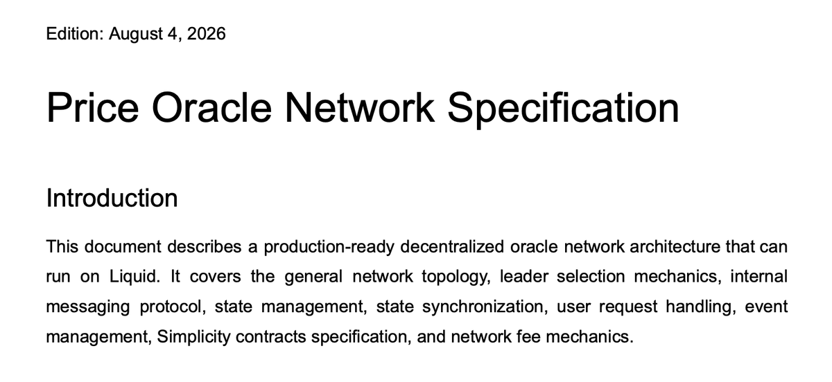 Arvolear's tweet photo. Have been working on this mega spec for the last couple of weeks. Finally ready to share. A decentralized price oracle running on Liquid, powered by Simplicity. Hope this sees prod one day. https://t.co/GTigYE5RBm