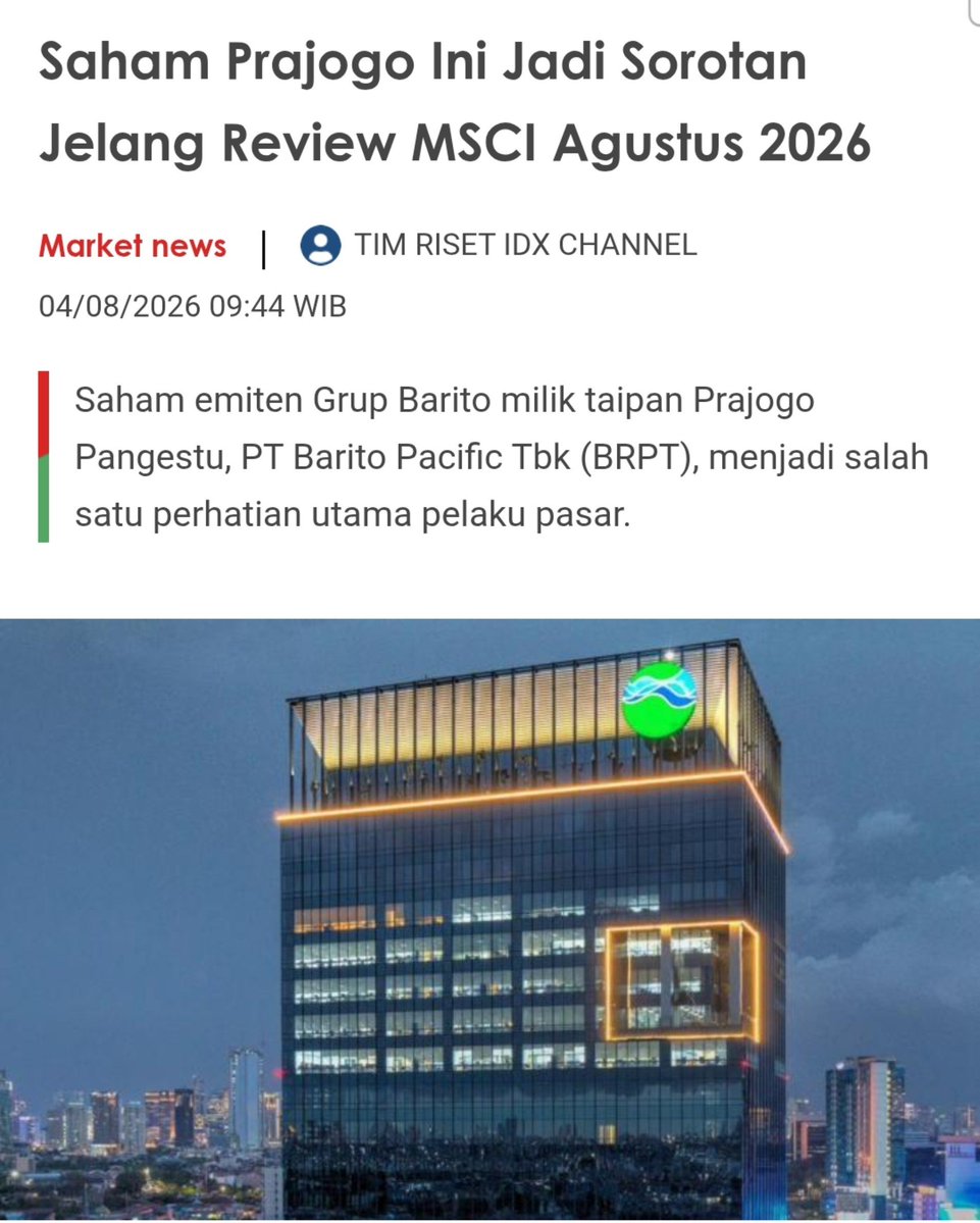 tradingans's tweet photo. MARKET NEWS - PALING POPULER
Saham #Prajogo Ini Jadi Sorotan Jelang Review MSCI Agustus 2026
Baca di: tradingan.
Perhatian investor tertuju pada #BRPT yang merupakan salah satu konstituen penting dalam indeks #MSCI Global Standard.
Menurutnya, #momentum kali ini semakin menarik karena #pasar #saham Indonesia masih berada dalam kondisi interim freeze atau #pembekuan sementara.
-
#pasarsaham #brusasaham #populer #viral #beritaviral #ihsg #investasi #investor #trader