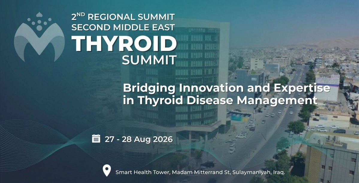 ESSOnews's tweet photo. Join us for the ESSO-endorsed  2nd Middle East Thyroid Summit! 🩺 
🗓 Aug 27–28, 2026 
📍 Smart Health Tower, Sulaymaniyah, Iraq 
💡 "Bridging Innovation &amp; Expertise in Thyroid Disease Management" Live surgical workshops &amp; expert sessions! 

🔗 Register: https://t.co/Oes8ndWLY4 https://t.co/ZxzbZN2iaZ
