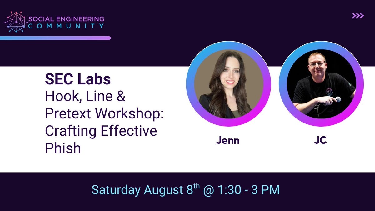 _nextjenn's tweet photo. Going to DEF CON and need something to bring back to work? Come to @sec_defcon’s workshop &amp; leave with a customized phishing pretext 😈 

Only the first 42 in line get in!
Aug 8 • 1:30–3:00 PM • SEC Labs W320 https://t.co/y0pYfrqJEE