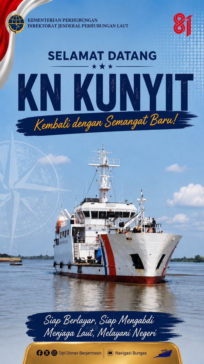 SmrtDisnavbjm's tweet photo. Halo Nanang Galuh #KakawanNav 👋⚓
Setelah menyelesaikan proses docking di Paciran, Lamongan, Jawa Timur, KN Kunyit kini kembali dalam kondisi optimal dan siap melaksanakan tugas serta mendukung pelaksanaan tugas kedinasan.
@djplkemenhub151 @max_bhow
#HUT81KemerdekaanRI https://t.co/amiBeazTQw
