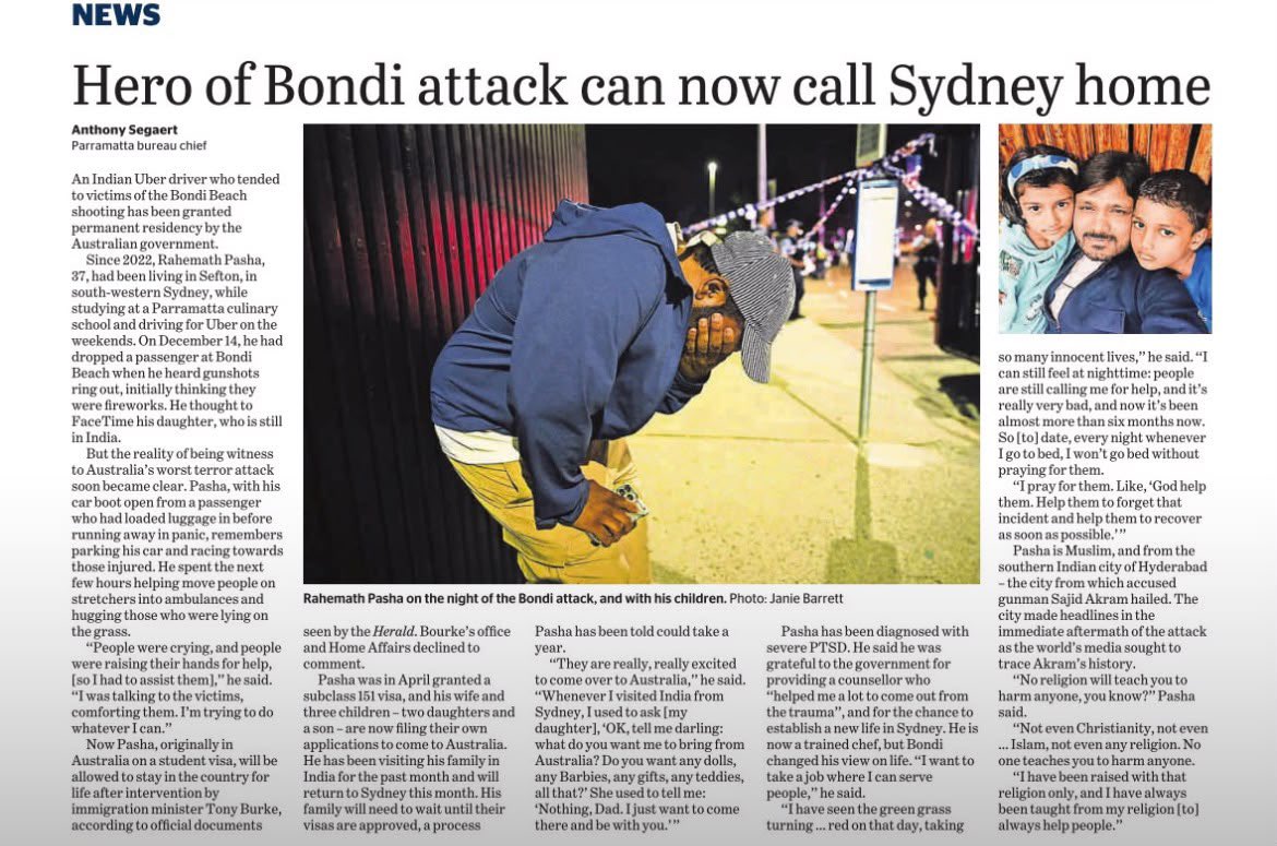 KTRBRS's tweet photo. Rahmat Pasha has made every Indian proud!

During the tragic Bondi Beach attack in Australia, Hyderabad-born Rahmat Pasha displayed extraordinary courage and humanity.

While many fled the scene in fear, he chose to stay back, helping rescue the injured and saving nearly 20 lives through his timely actions.

In recognition of his heroism, the Australian government has granted Rahmat Pasha Permanent Residency and nominated him for a Bravery Award.

Met him today in Hyderabad and felicitated him for his yeoman service.

Kudos Rahmat Pasha for your courage, compassion, and service to humanity. You are an inspiration to us all.