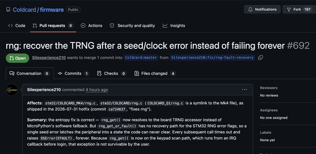 etoshioliver's tweet photo. coldcard rushed emergency fix for entropy bug creates new problem that can brick devices on temporary rng error before pin $btc https://t.co/DIcmCNnUyE