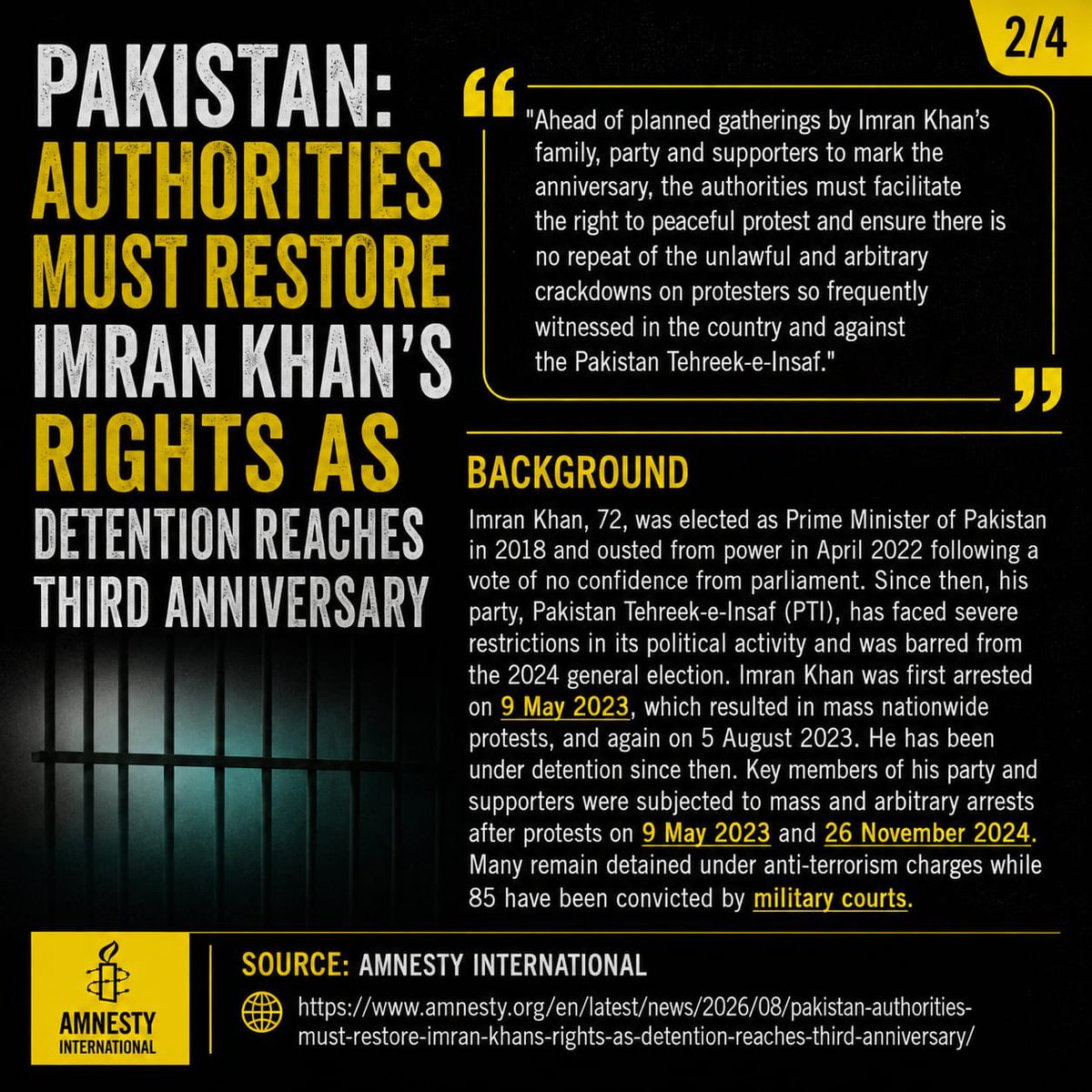 PTIofficial's tweet photo. Amnesty International calls for the restoration of Imran Khan's rights, citing concerns over fair trial, legal access, family visits, and medical care.

More here: https://t.co/twaM7EMgoq https://t.co/ZfstaW1lYL