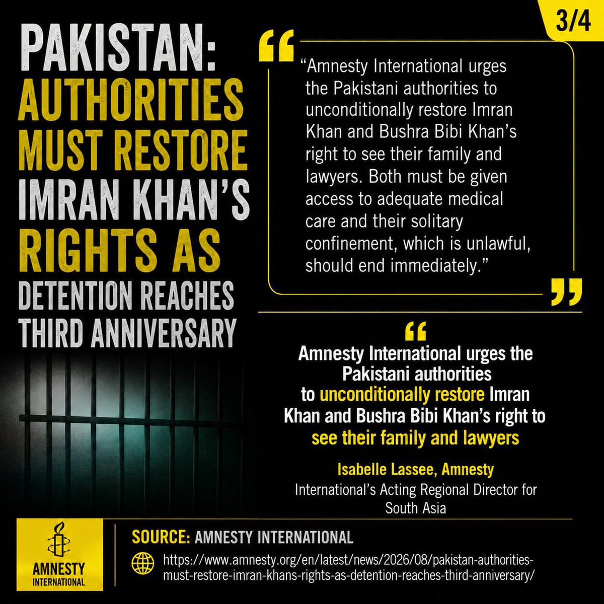 PTIofficial's tweet photo. Amnesty International calls for the restoration of Imran Khan's rights, citing concerns over fair trial, legal access, family visits, and medical care.

More here: https://t.co/twaM7EMgoq https://t.co/ZfstaW1lYL