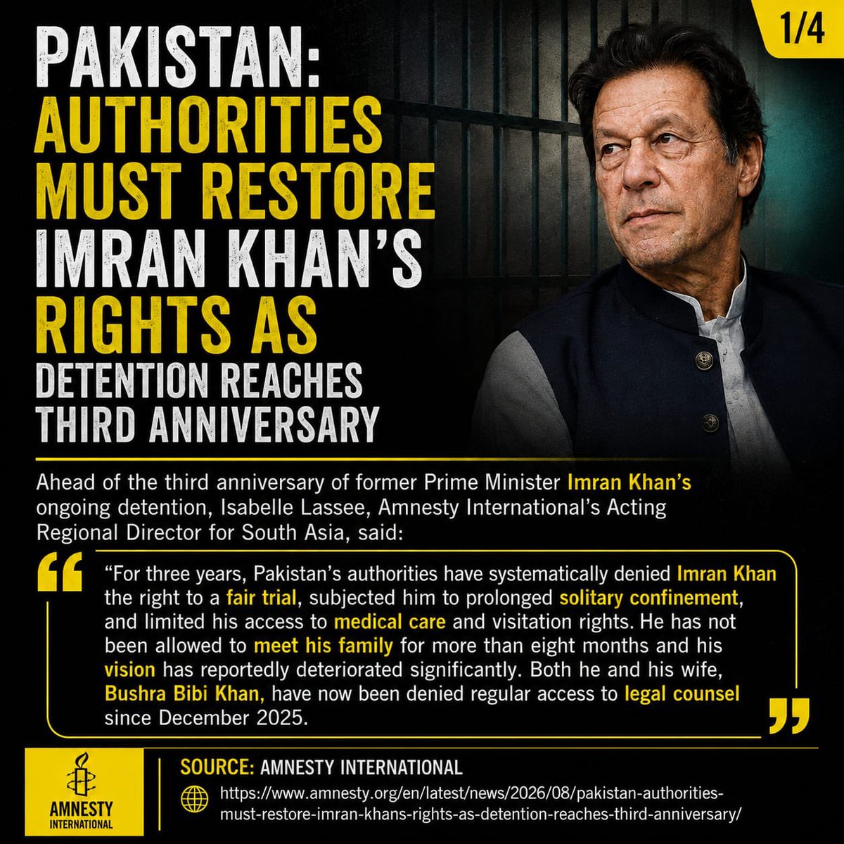 PTIofficial's tweet photo. Amnesty International calls for the restoration of Imran Khan's rights, citing concerns over fair trial, legal access, family visits, and medical care.

More here: https://t.co/twaM7EMgoq https://t.co/ZfstaW1lYL