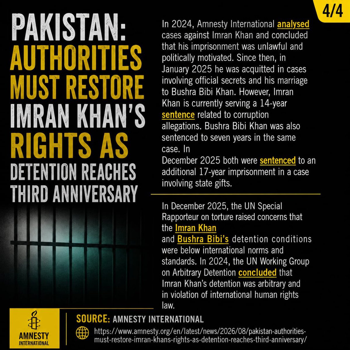 PTIofficial's tweet photo. Amnesty International calls for the restoration of Imran Khan's rights, citing concerns over fair trial, legal access, family visits, and medical care.

More here: https://t.co/twaM7EMgoq https://t.co/ZfstaW1lYL