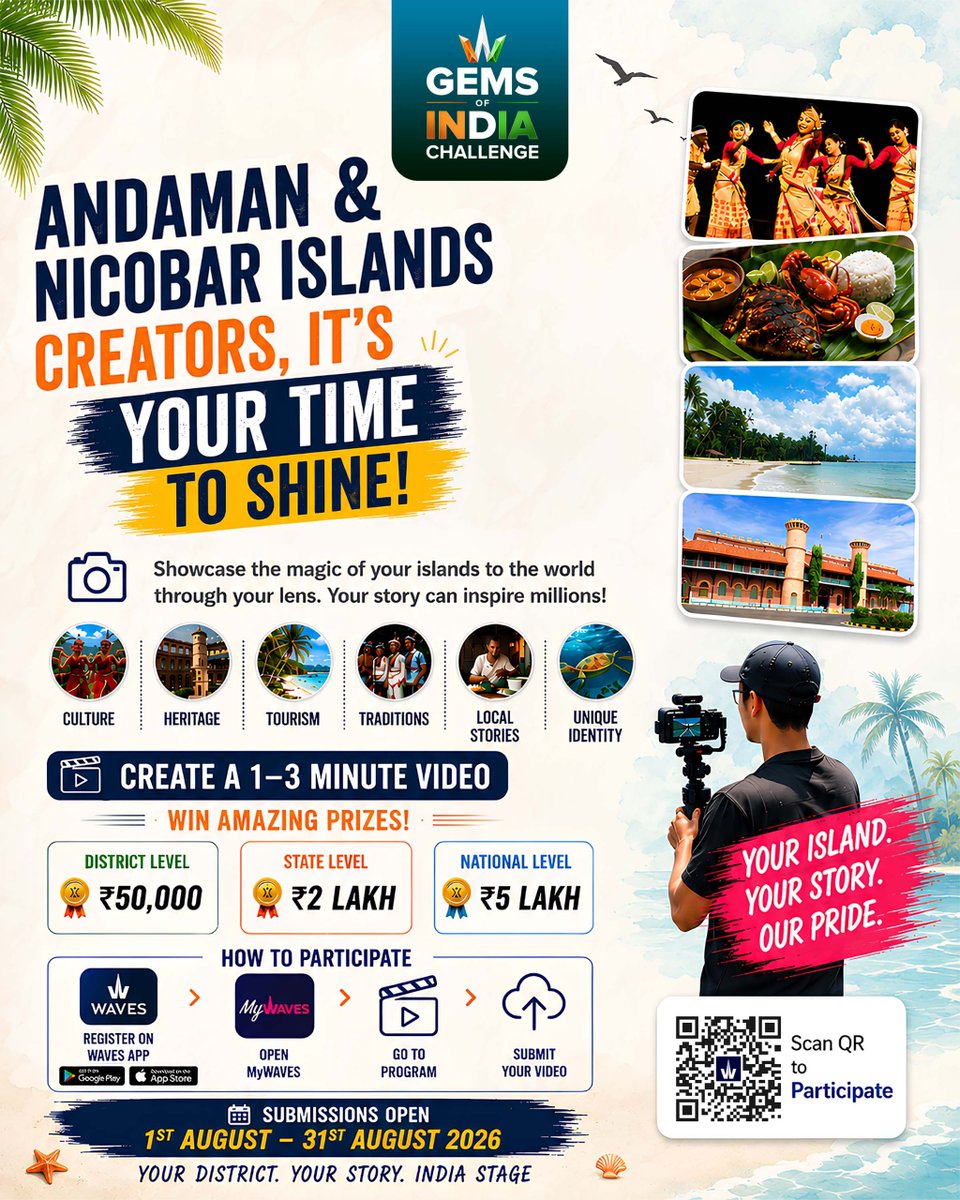 GemsOfIndia26's tweet photo. Hurry up!!
Creators from Andaman &amp; Nicobar Islands, share your district's unique stories with India and win prizes worth up to ₹5 Lakh!

📅1–31 August 2026
📲 Register now: https://t.co/drCm0ryyEc

#GemsOfIndiaChallenge #AndamanAndNicobarIslands #MyWAVES #WAVESOTT https://t.co/hvlOsWKigQ