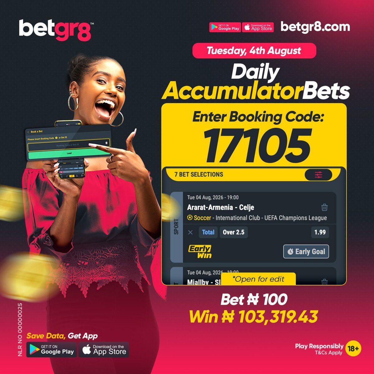Betgr8Nigeria's tweet photo. Tuesday Daily Accumulator Bets! π₯
Load ππ¨π¨π€π’π§π ππ¨ππ: πππππ here π
https://t.co/F7fwNVyS20
Unlock the games, stake smart and win BIG!
Be Great. Bet Great!
18+ | #betgr8 #WinBig #BoostedOdds #BookingCode https://t.co/EPoeTS9HdJ