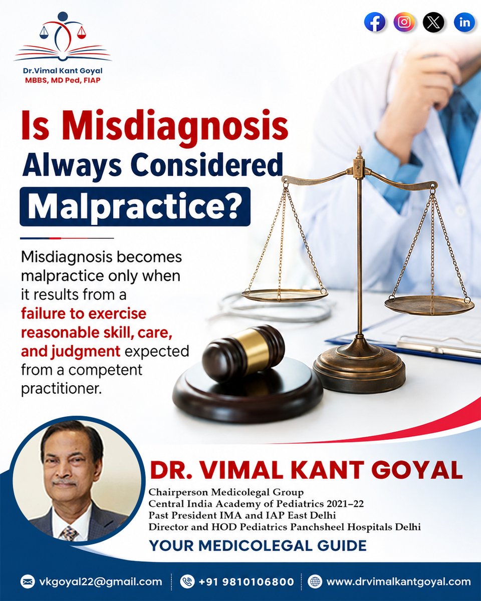 drvimalgoyal's tweet photo. Is every misdiagnosis medical negligence? 🤔

Not always. A misdiagnosis is considered malpractice only when it happens due to a lack of reasonable skill, care, or judgment that a competent doctor is expected to provide.

#MedicalAwareness #HealthcareFacts #PatientRights https://t.co/oatRodmv2s
