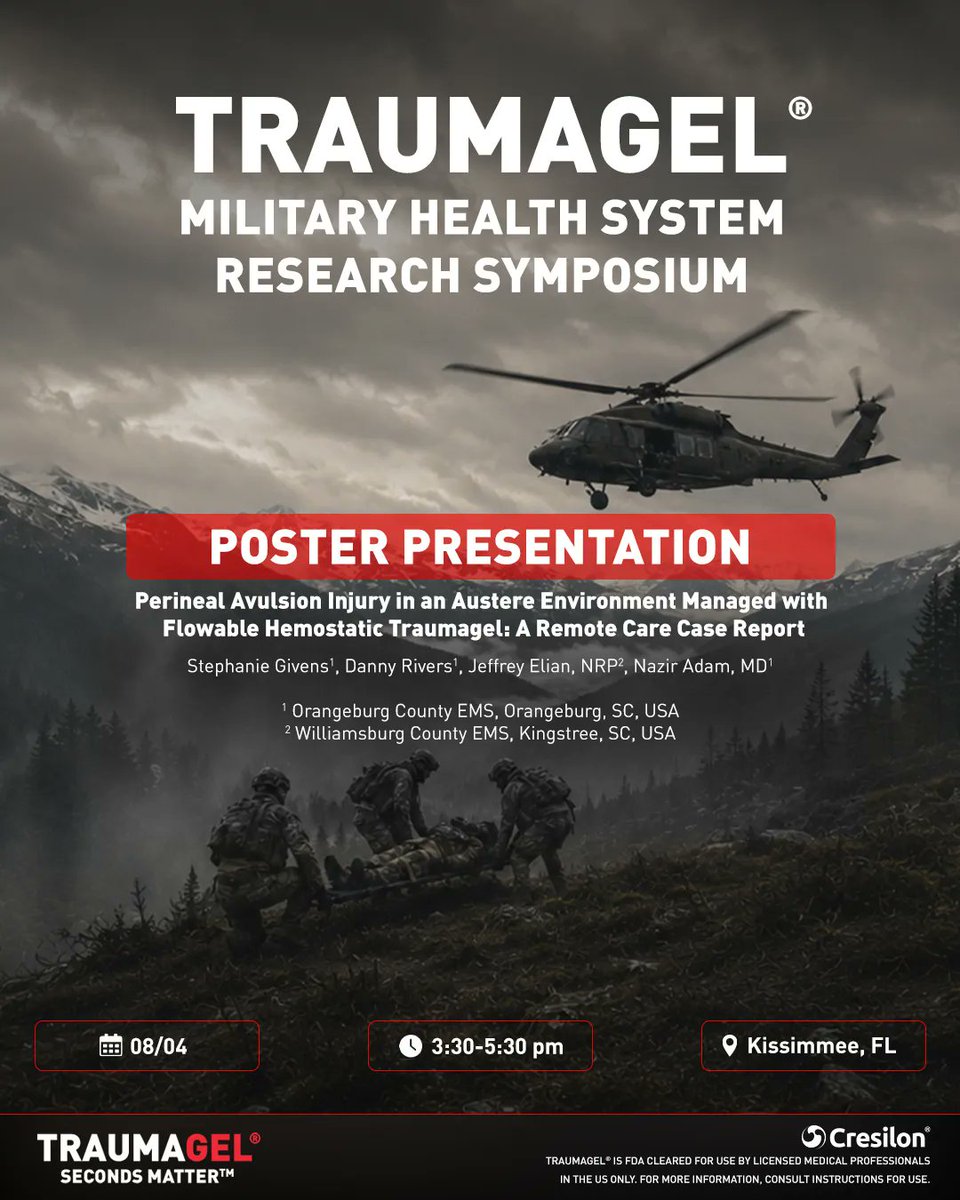 traumagel's tweet photo. Join us at MHSRS on August 4 from 3:30–5:30 PM for a poster presentation featuring a remote care case report on TRAUMAGEL® in an austere environment. 

https://t.co/1S0qm75M0c

#traumacare #emergencymedicine #secondsmatter https://t.co/ghf9bFdHGc