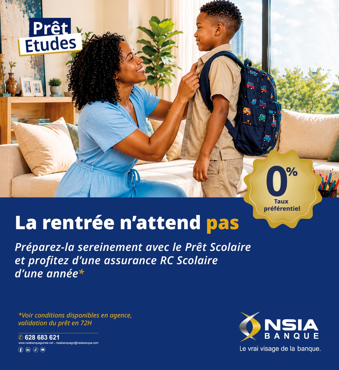 nsiabanqueguine's tweet photo. Jusqu'au 31 octobre 2026, profitez du Prêt Étude NSIA et bénéficiez :
 ✔ D'un financement allant jusqu'à 30 millions GNF au taux de 0 % 
 ✔ D'une Assurance Responsabilité Civile Scolaire, valable un an.

Rendez-vous dès aujourd'hui dans l'agence NSIA Banque la plus proche https://t.co/mpj7ka3MEr