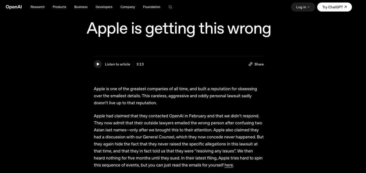 RoundtableSpace's tweet photo. OpenAI has addressed the Apple's lawsuit through their X.

"Apple is getting this wrong"

Full article: https://t.co/u2DfXC93bj https://t.co/MFpRbavGnl