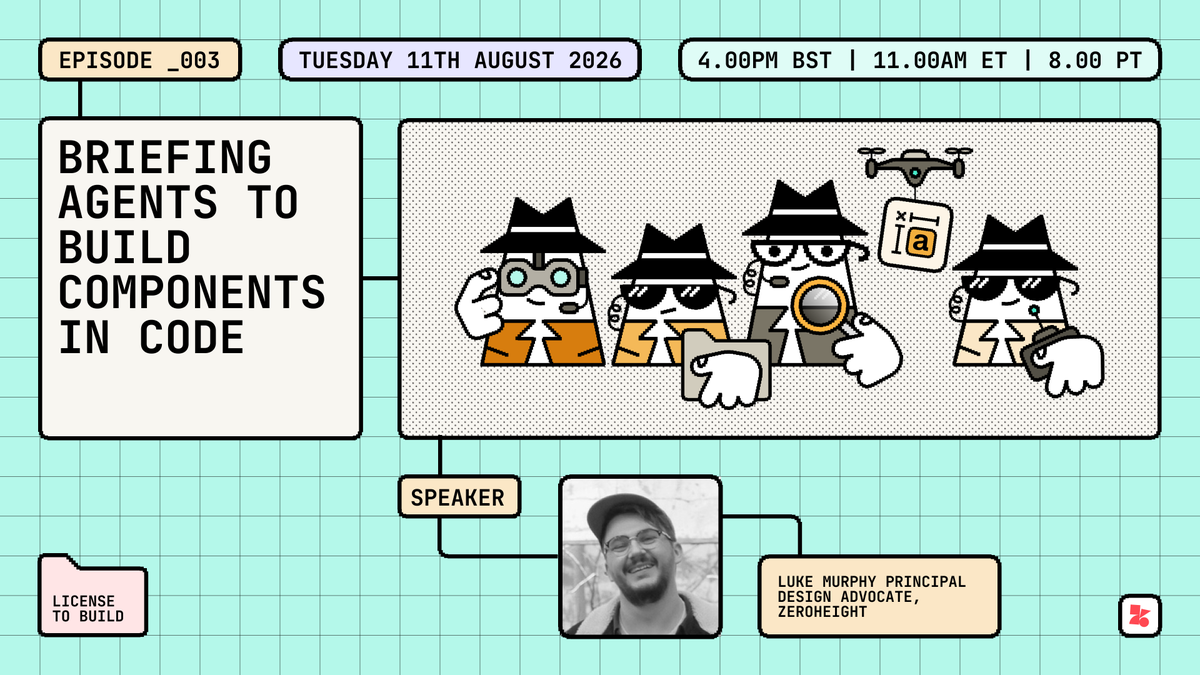 zeroheight's tweet photo. Getting an agent to generate code is easy. Getting it production-ready takes a proper briefing.

Ep 3 of License to Build: briefing agents to build production-ready components, from Figma to Claude Code with the zeroheight MCP.

📅 Tue 11th Aug, 4pm GMT

👉https://t.co/r8WlikxPgo https://t.co/1TtaCclRls
