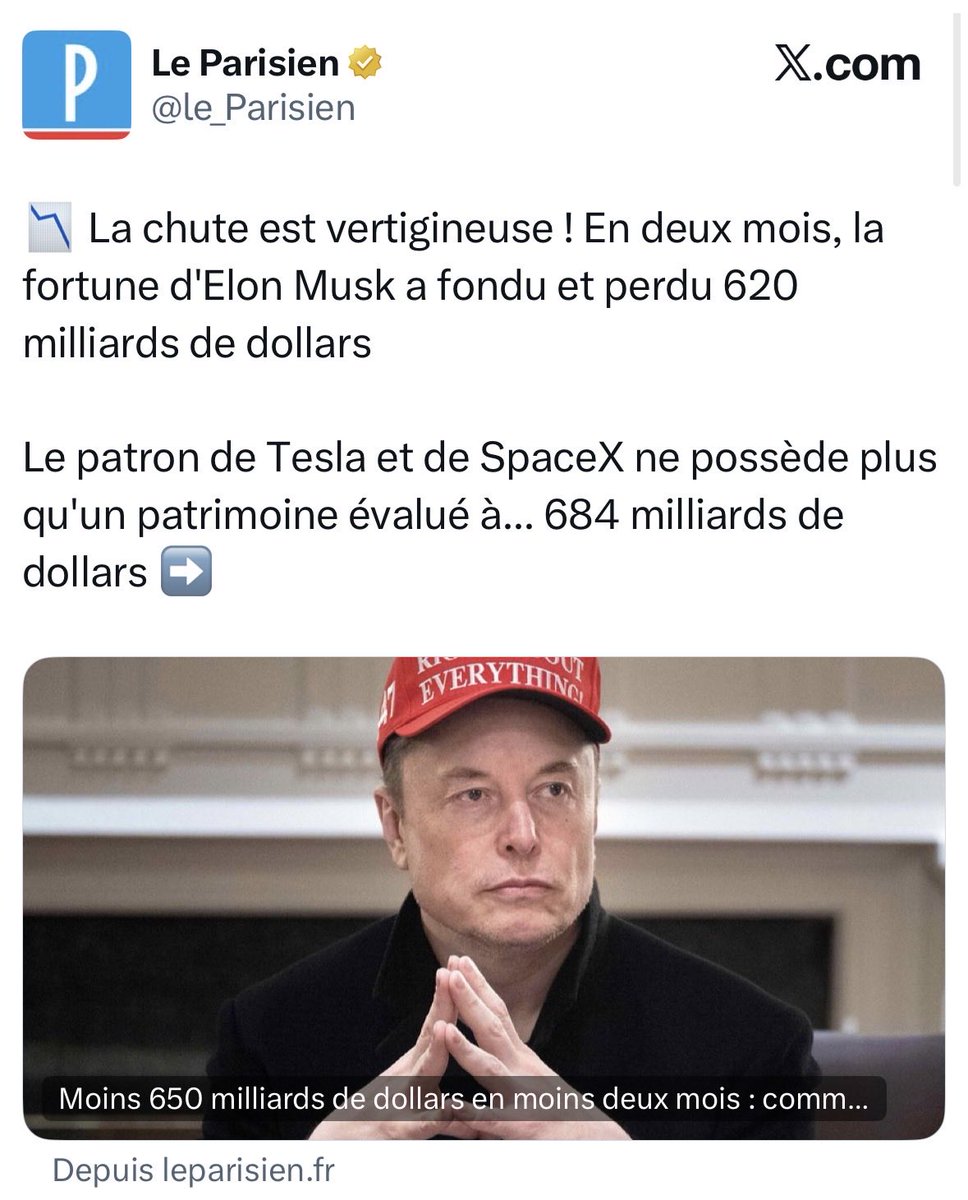 EricKLein_'s tweet photo. La « fortune » d’Elon Musk est passée de  1330 Mds$ le 16 juin à 684 Mds$ aujourd’hui. Une baisse de 650 milliards en 6 semaines, soit le PIB de la Suède volatilisé. Curieusement les gauchistes qui hurlaient à l’obscénité capitaliste sont muets. 

Sinon question pratique sur la taxe Zucman : au 16 juin, Elon Musk “pèsait” 1330 Mds$. Taxe Zucman : 26,6 Mds à payer. Le 1er août, sa fortune vaut 684 Mds. Il aurait payé l’impôt sur 650 milliards évaporés en vendant des actions en pleine chute pour le financer. Voilà la logique économique que les socialistes voudraient imposer.