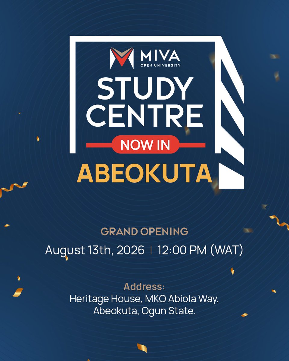 mivauniversity's tweet photo. Our newest Study Centres are opening soon, and we cannot wait to welcome you!  

Miva Stars in Ogun, Oyo, and Akwa Ibom states will now have dedicated spaces to study, collaborate, connect with other students, and receive in-person support.  

Join us for the official openings:  

📍OYO STATE 
No. 20 Race Course Road, off Adekunle Fajuyi Road, opposite Lekan Salami Stadium Gate 2, Adamasingba, Ibadan. 
11 August 2026 | 12:00 PM WAT 

📍 OGUN STATE 
Heritage House, MKO Abiola Way, Abeokuta 
13 August 2026 | 12:00 PM WAT  

📍 AKWA IBOM STATE 
No. 26 Udodoma Avenue, Uyo 
21 August 2026 | 12:00 PM WAT  

Follow us for opening-day updates and news about more Study and Community Centres coming soon.💙

#Miva #StudyCentres #MivaStudyCentres