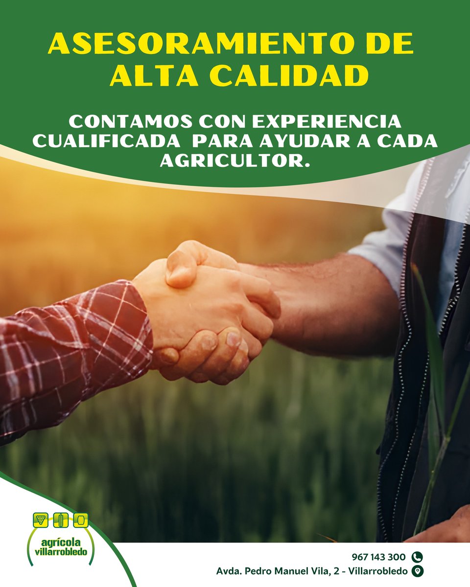 agricolavdo's tweet photo. 🤝 Cada agricultor, cada finca y cada campaña necesitan una atención diferente.

📍 Avda. Pedro Manuel Vila, 2 - Villarrobledo
📩 agrovilla@agrovilla.com
📞Te asesoramos: 967 143 300

#AsesoramientoAgrícola #Agricultura #Agricultores #CampoEspañol #agrícolavillarrobledo https://t.co/Y4TNfB3C8g