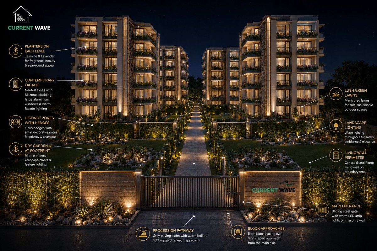 CurrentWaveB's tweet photo. High-yield developments rely on experiential value. Features like integrated footprint dry gardens, zoned perimeter hedges, and architectural exterior lighting are what transform concrete blocks into world-class residential hubs. https://t.co/ePfGN0XY2T