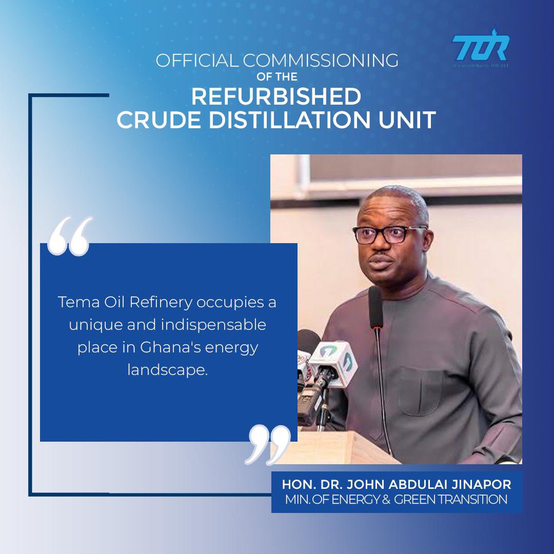 TemaOilrefinery's tweet photo. Minister for Energy & Green Transition, Hon. Dr. John Abdulai Jinapor, Acknowledges TOR's Rightful Position in Ghana's Energy Landscape.

At the Official Commissioning of the Refurbished Crude Distillation Unit (CDU) | 1st August, 2026.

#TORReset
#TORTransformation
#GhanasEnergyFuture
#MadeInGhana