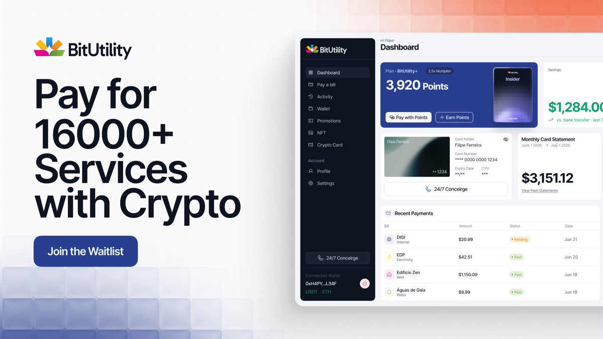 Bitutility's tweet photo. You made money in crypto. 
Now spend it on anything with BitUtility.  
16000+ services, straight from your crypto wallet.