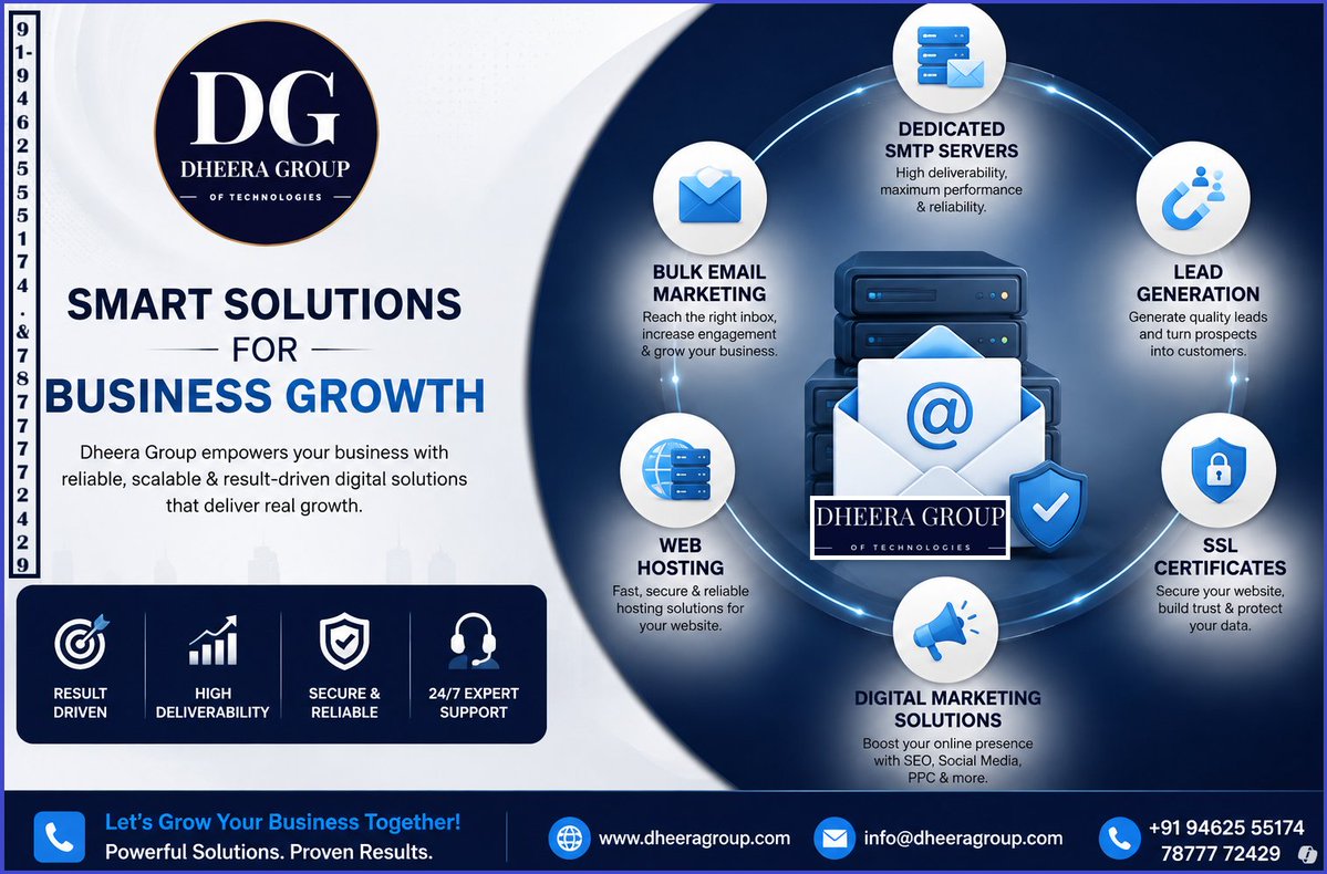 dheera_group's tweet photo. dedicated SMTP servers, bulk email marketing, lead generation, web hosting,  and digital marketing solutions.📲 +91-9462555174. &amp; 7877772429 📧: info@dheeragroup.com
#EfficientSMTPProvidersinIndia #MaximumEmailReach #Emailmarketing #effectivetoolsfornurturingleads #SMTPsolution https://t.co/YMk3RnqNU7