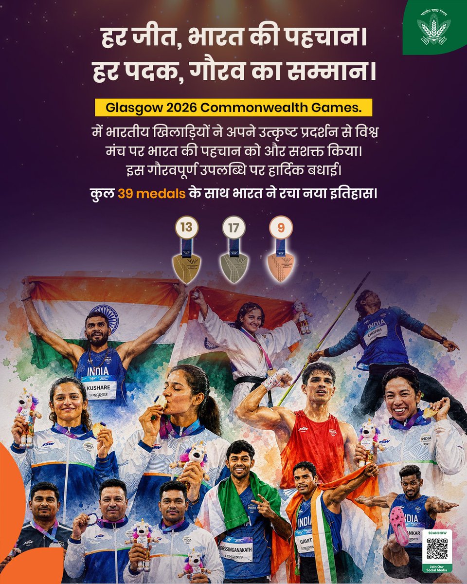 FCI_India's tweet photo. टीम भारत को हार्दिक अभिनंदन
भारतीय खाद्य निगम, राष्ट्रमंडल खेल 2026 में भारतीय खिलाड़ियों के शानदार प्रदर्शन पर हार्दिक बधाई एवं शुभकामनाएँ देता है।
आपके दृढ़ संकल्प, अनुशासन और उत्कृष्ट प्रदर्शन ने पूरे देश को गौरवान्वित किया है तथा करोड़ों भारतीयों को प्रेरित किया है।
हम कामना करते हैं कि आप भविष्य में भी नई ऊँचाइयाँ प्राप्त करें और भारत का गौरव विश्व पटल पर निरंतर बढ़ाते रहें।

हर पदक, एक सशक्त भारत की भावना का प्रतीक है।🇮🇳

@mygovindia @fooddeptgoi @PIB_India @JoshiPralhad
@Nimu_Bambhaniya @blvermaup
#CommonwealthGames2026 #Glasgow2026 #IndianAthletes #IndiaAtCWG #SportingExcellence #FCI